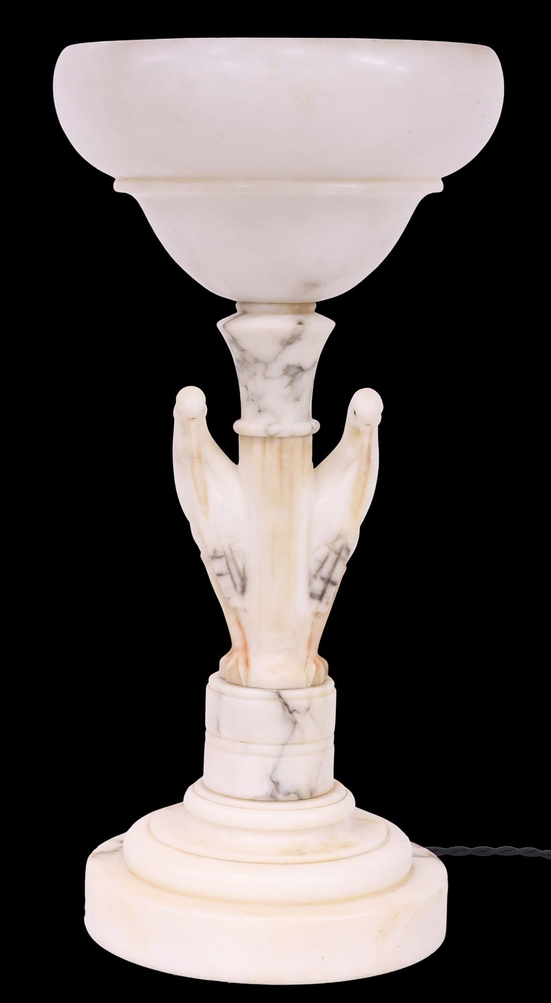 ART DECO PERIOD CARVED ALABASTER BIRDS 1-LIGHT TABLE LAMP: Art Deco period carved alabaster single-light table lamp, c.1920s/ 1930s, with two birds flanking columnar standard, on circular base, observed operating, possibly lacking domed cover, approx 19.25"h,