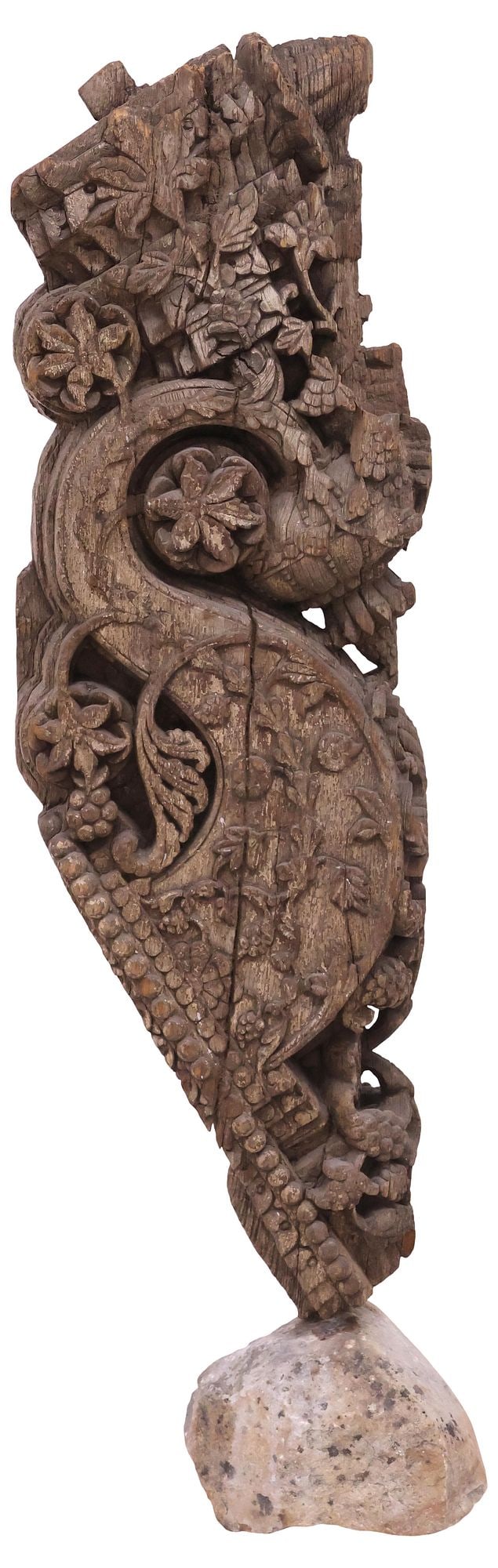 ANTIQUE SOUTHEAST ASIAN CARVED WOOD ARCHITECTURAL CORBEL ON STONE BASE, 17TH C., 35.5"H (1 of 4)
