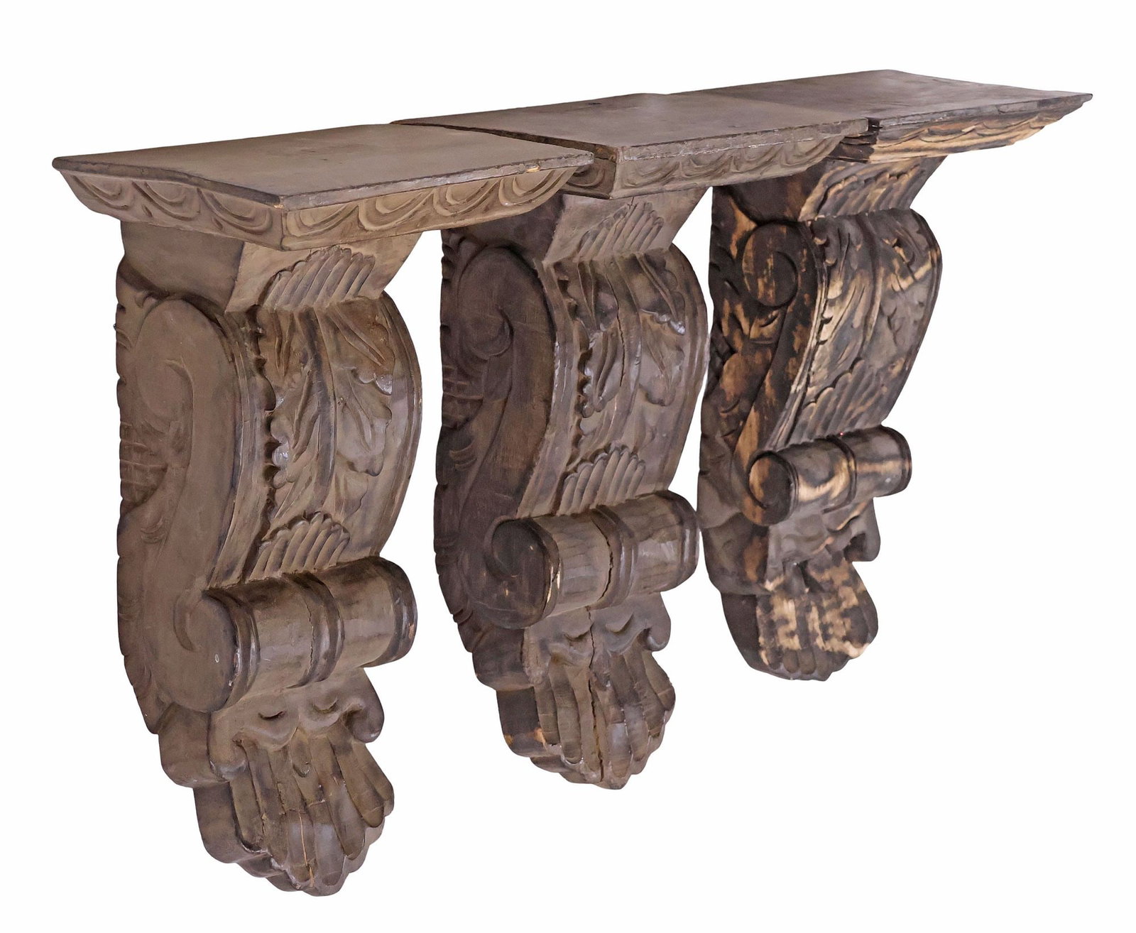 (3) BAROQUE STYLE ARCHITECTURAL CARVED WOOD WALL BRACKETS / CORBELS: (lot of 3) Baroque style carved wood architectural wall brackets/ corbels, 20th c., each having rectangular shelf with lunette trim, over scrolled arm with raised foliate motifs, approx 17.25"h, 9.5"w