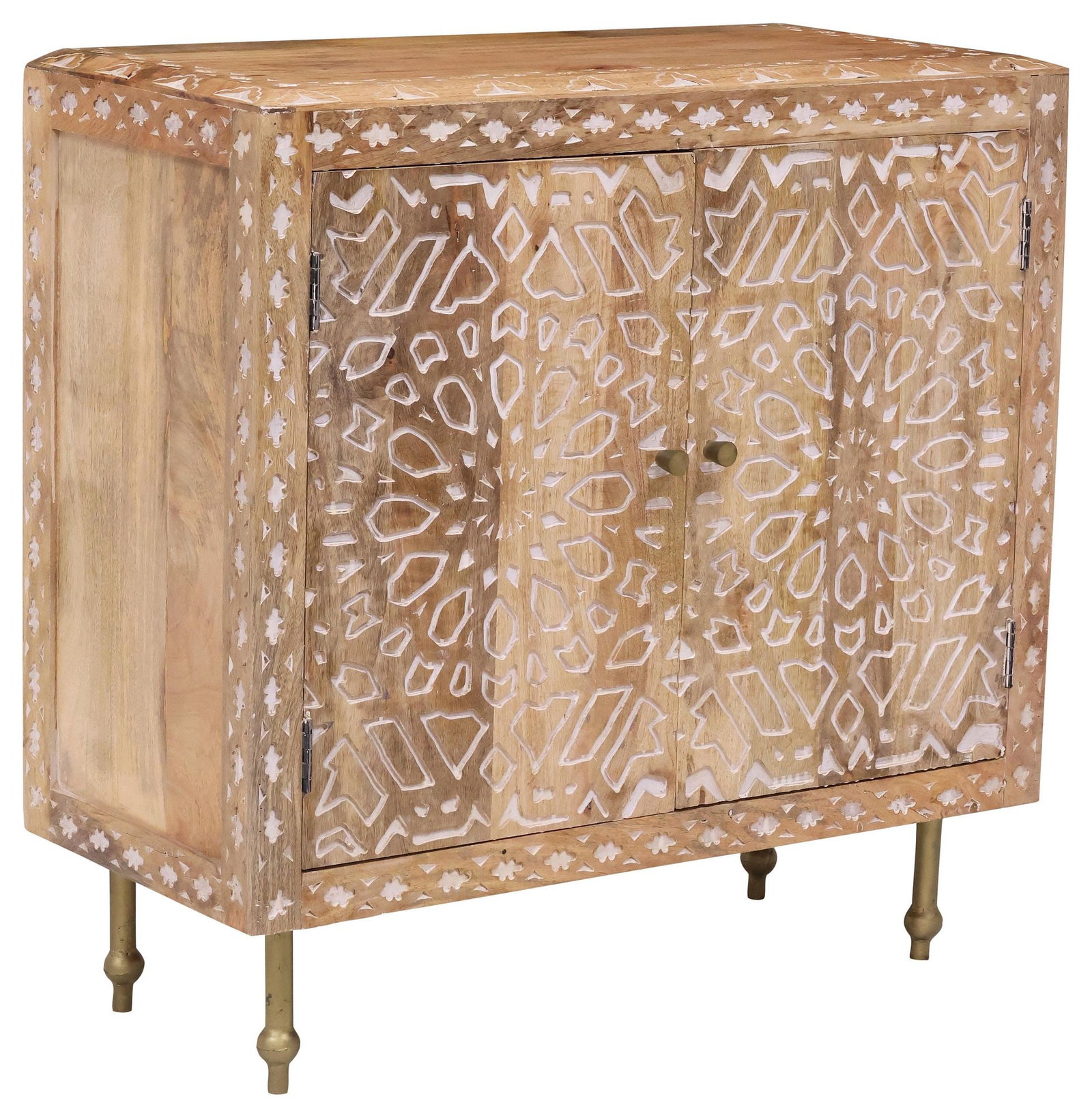 RUSTIC INTAGLIO-CARVED & PAINTED TROPICAL WOOD CABINET: Rustic carved exotic wood cabinet, 21st c., possibly mango wood, rectangular case with beveled edge top, intaglio carved throughout with white-painted geometrics, pair of doors enclosing fixed-height 