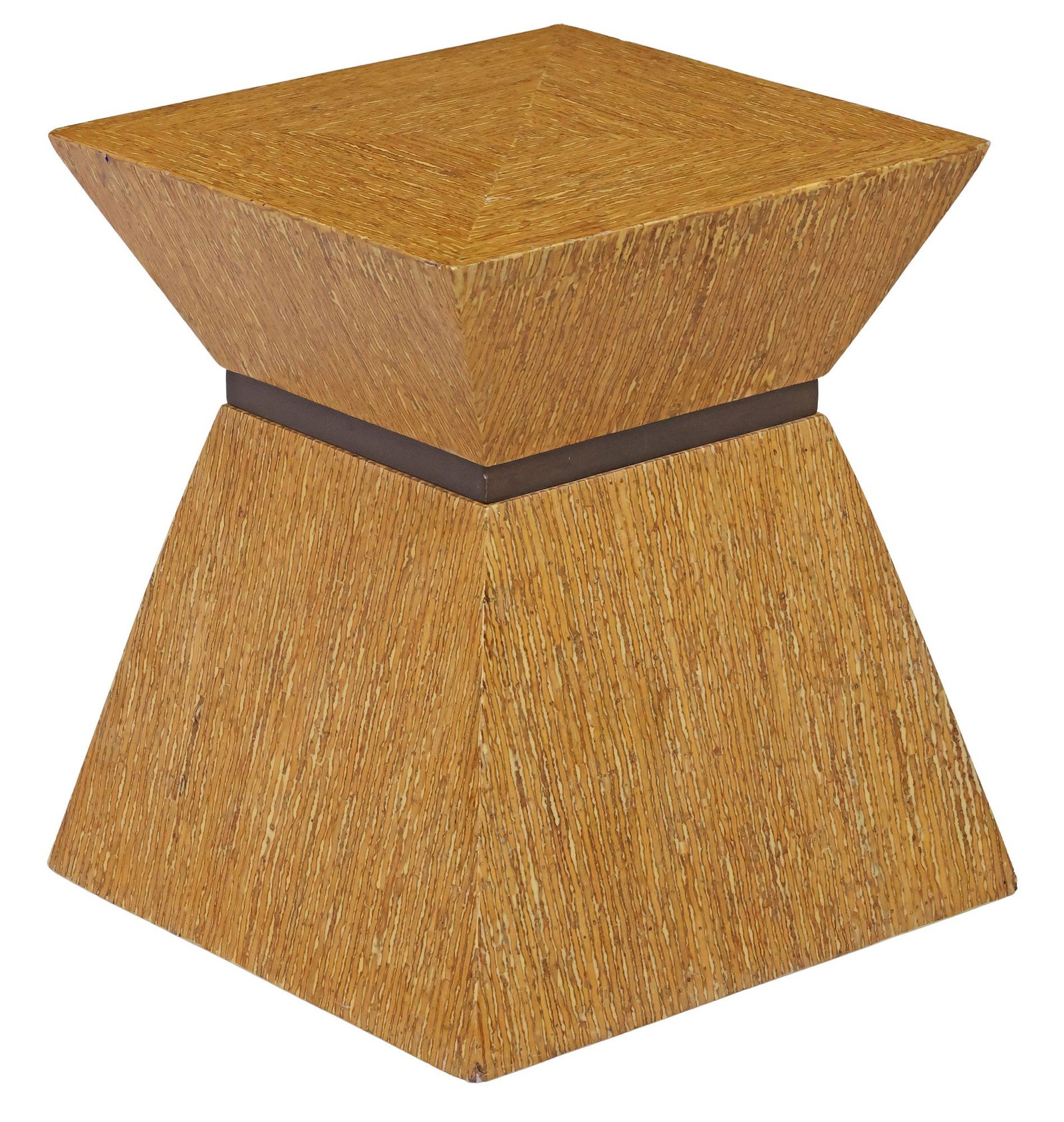 DESIGNER KREISS VENEERED CUBIC HOURGLASS SIDE TABLE: Designer grained wood side table, Kreiss, late 20th/ 21st c., of squared hourglass form, central waisting with contrasted veneer, retaining metal maker plaque underside, approx 20"h, 18"w, 1