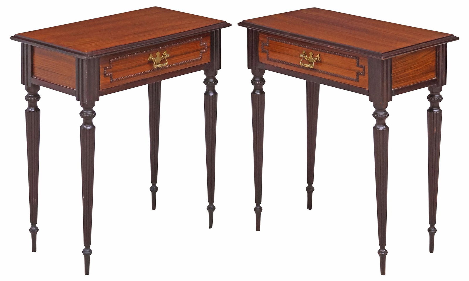 (2) ITALIAN MID-CENTURY MODERN ROSEWOOD NIGHTSTANDS: (pair) Italian mid-century modern rosewood nightstands, c.1960s, having beveled-edge tops, above single drawer with beaded trim, rising on fluted legs, ending on arrow feet, approx 23"h, 20.25"w, 11.7