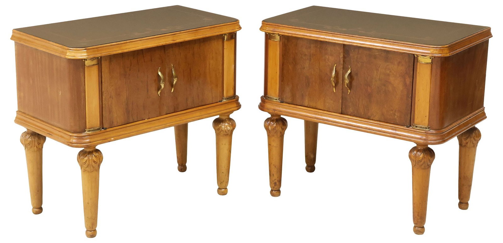 (2) ITALIAN MID-CENTURY MODERN GLASS-TOP BEDSIDE CABINETS: (pair) Italian mid-century modern mahogany nightstands, c.1950s, having inset glass top, above dual burlwood cabinet doors, enclosing open interior storage, rising on turned legs headed by carved foli