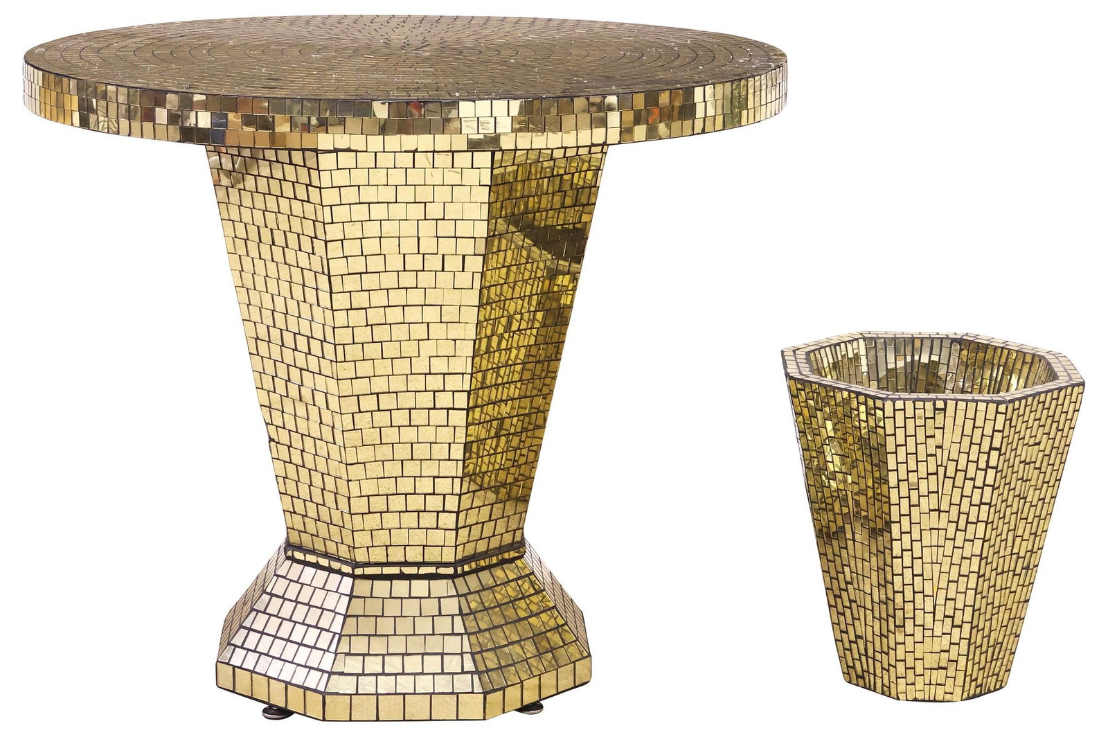 (2) HOLLYWOOD REGENCY STYLE GILT-GLASS MOSAIC PEDESTAL TABLE & VASE: (lot of 2) Hollywood Regency style gueridon/ pedestal table, 21st c., mirrored gilt-glass tiling with black grout, circular top, on tapered octagonal standard, ending on conforming base, approx 29.75"