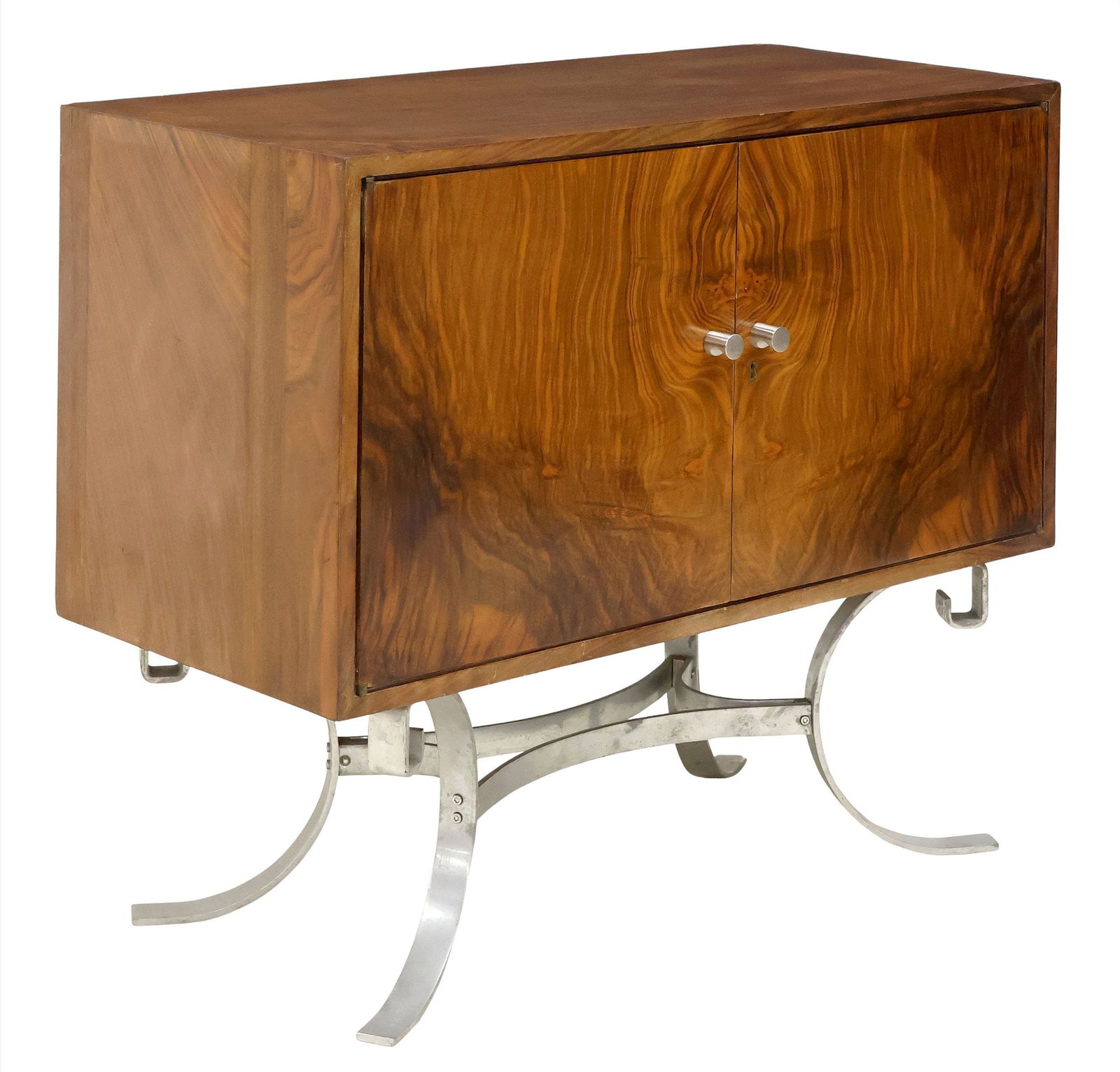 MID-CENTURY MODERN WALNUT & CHROMED STEEL CABINET: Mid-century modern figured walnut cabinet, c.1960s, rectangular case equipped with dual cabinet doors, enclosing adjustable-height shelf, raised on scrolling chromed steel base, top of case with mars 