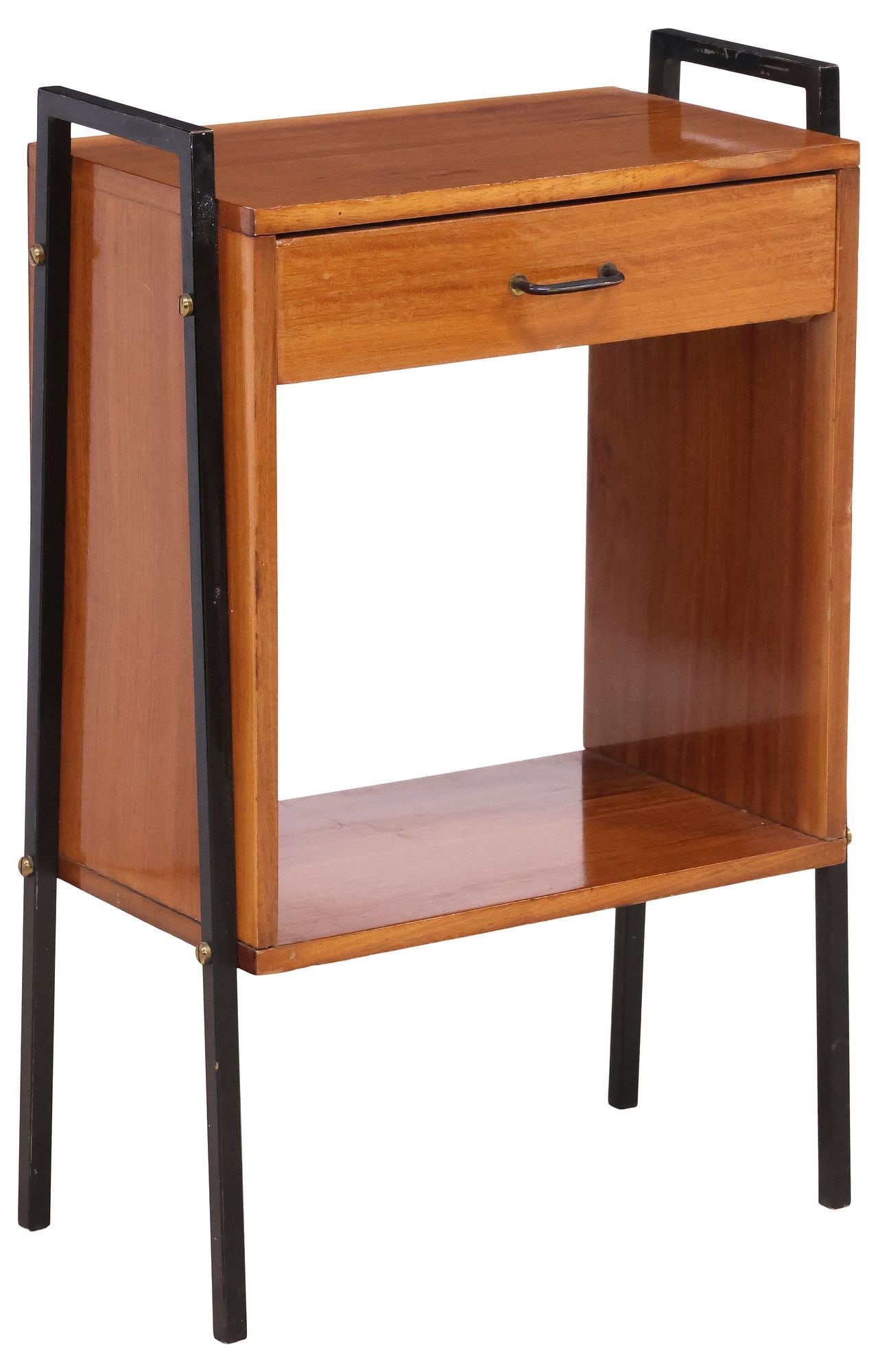 ITALIAN MID-CENTURY MODERN TEAK & STEEL 1-DRAWER NIGHTSTAND: Italian mid-century modern teak nightstand, c.1960s, rectangular case with single drawer and open shelf, on squared steel supports, approx 26.5"h, 17"w, 10.25"d