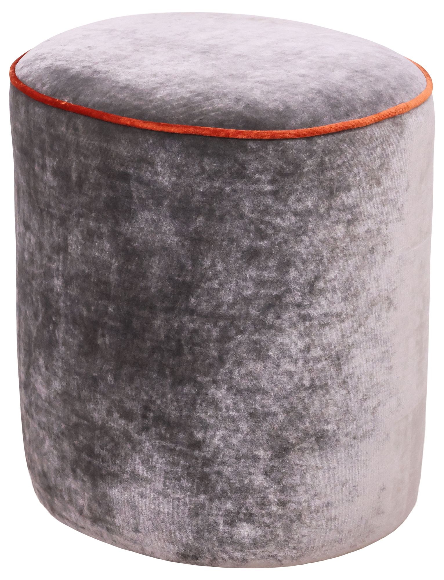 PORTUGUESE TRASTES E CONTRASTES CRUSHED VELVET OTTOMAN / STOOL: Contemporary Portuguese stool/ ottoman, Trastes e Contrastes, 21st c., in grey crushed velvet upholstery, with piped trim, maker's tag underfoot, approx 20"h, 17.5"w, 15.25"d