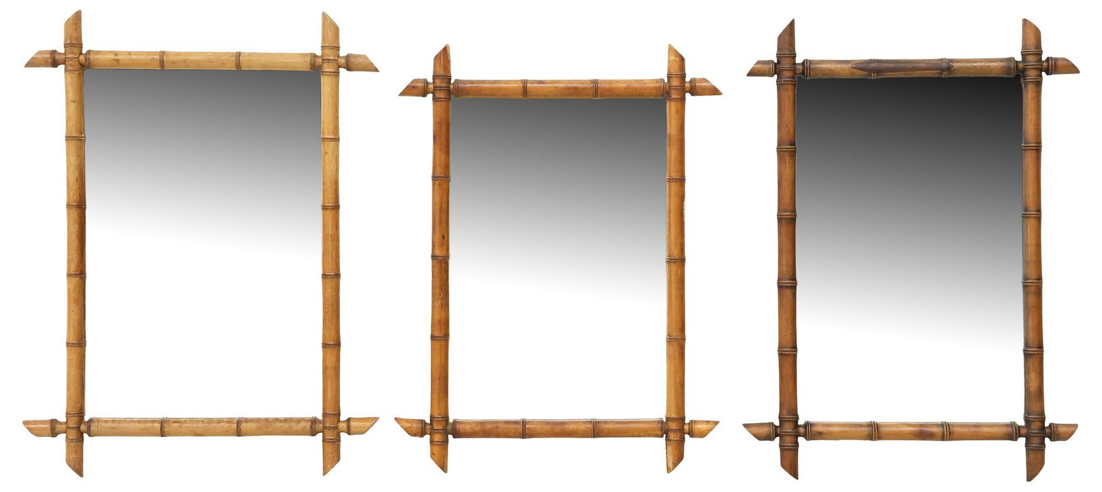 (3) FRENCH FAUX BAMBOO TURNED WOOD MIRRORS: (lot of 3) French faux bamboo wall mirrors, early 20th c., each having turned wood frame, encasing flat mirror plate, largest: approx 31"h, 23.5"w, smallest: approx 29"h, 21.75"w, 38lbs total