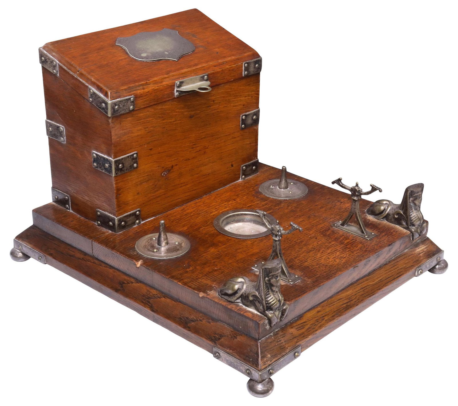 ENGLISH EDWARDIAN BRASS-BOUND OAK DESK STAND WITH LETTER BOX (1 of 6)