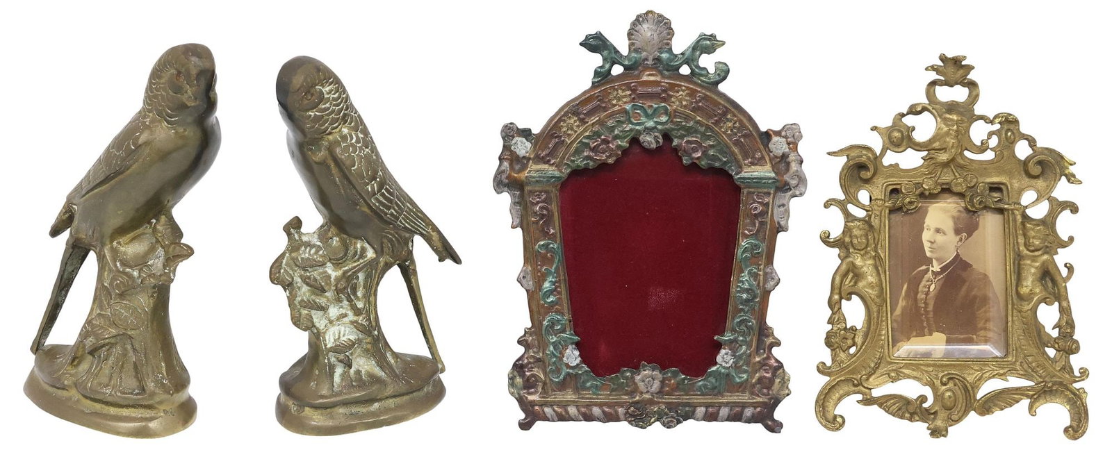 (4) BRASS PARAKEET FIGURES & EASEL-BACK PICTURE FRAMES, ONE P.E. GUERIN (1 of 6)