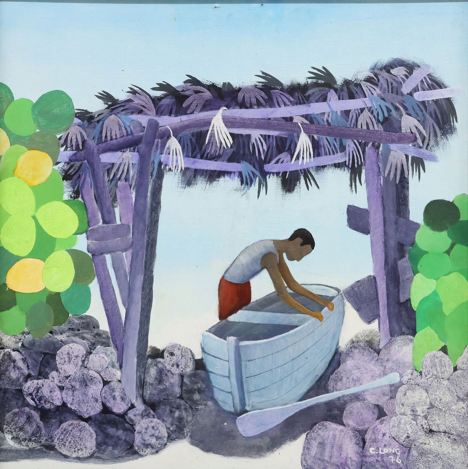 CHARLES LONG (B.1948) OARSMAN WITH BOAT IN THE CAYMAN ISLANDS PAINTING (1 of 4)