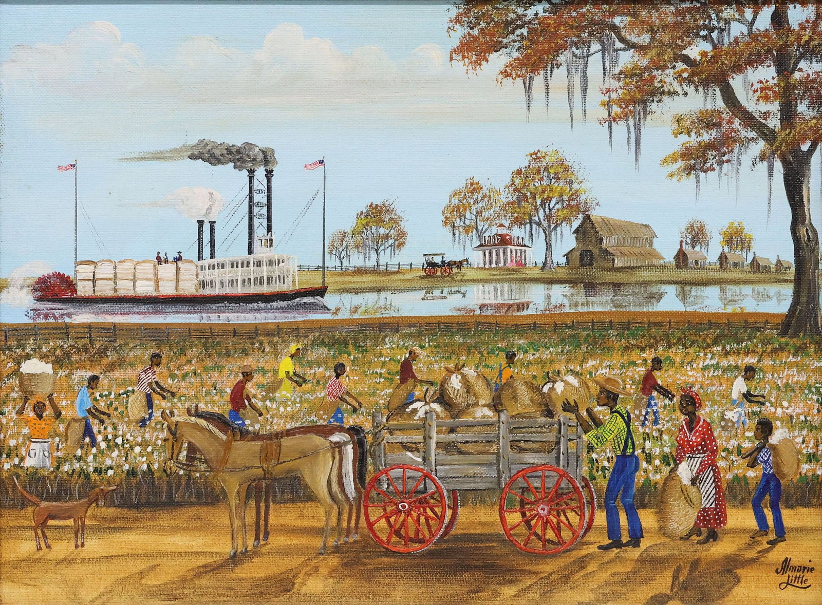 ALMARIE PITTMAN LITTLE (NEW ORLEANS, D.2002) AMERICAN FOLK ART PAINTING: Framed acrylic painting on Fredrix canvas board, "Delta Reflections," signed lower right Almarie Little (Almarie Pittman Little, New Orleans, Louisiana, 1923-2002), titled with additional artist's sig