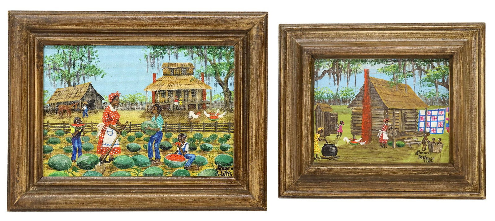 (2) ALMARIE PITTMAN LITTLE (NEW ORLEANS, D.2002) AMERICAN FOLK ART PAINTINGS: (lot of 2) Framed acrylic paintings, each signed lower right Almarie Little (Almarie Pittman Little, New Orleans, Louisiana, 1923-2002), titled with additional artist's signature verso, including: (1)