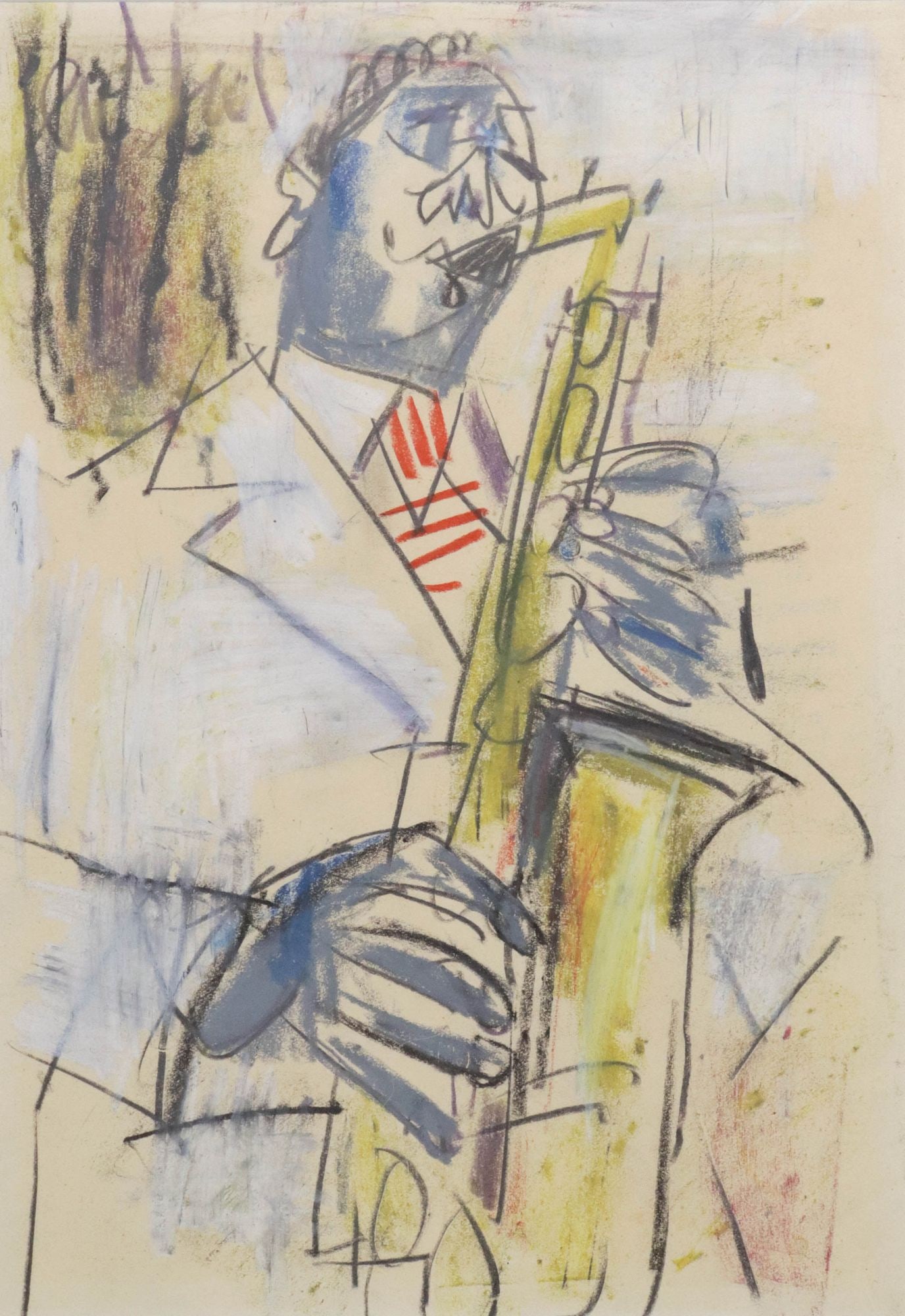 JEAN PASCAL (FRENCH, B.1927) OIL PASTEL DRAWING, SAXOPHONE PLAYER: Framed oil pastel drawing on paper, Saxophone Player, signed upper left Pascal (Jean Pascal, French, b.1927), not examined outside of frame, sight: approx 11.5"h, 8"w, overall: approx 18.75"h, 14.75"w