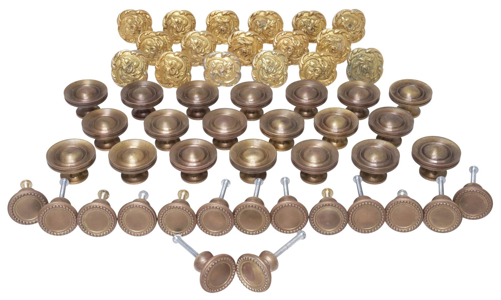 (52) SHERLE WAGNER 'FRENCH ROSE' & OTHER PATINATED BRASS DRAWER PULLS: (lot of 52) Designer gilt-brass drawer pulls, Sherle Wagner International, 21st c., in the "French Rose" pattern, foliated scrollwork framing central rose, approx 1.5"l, 1.5"w; together with (35)
