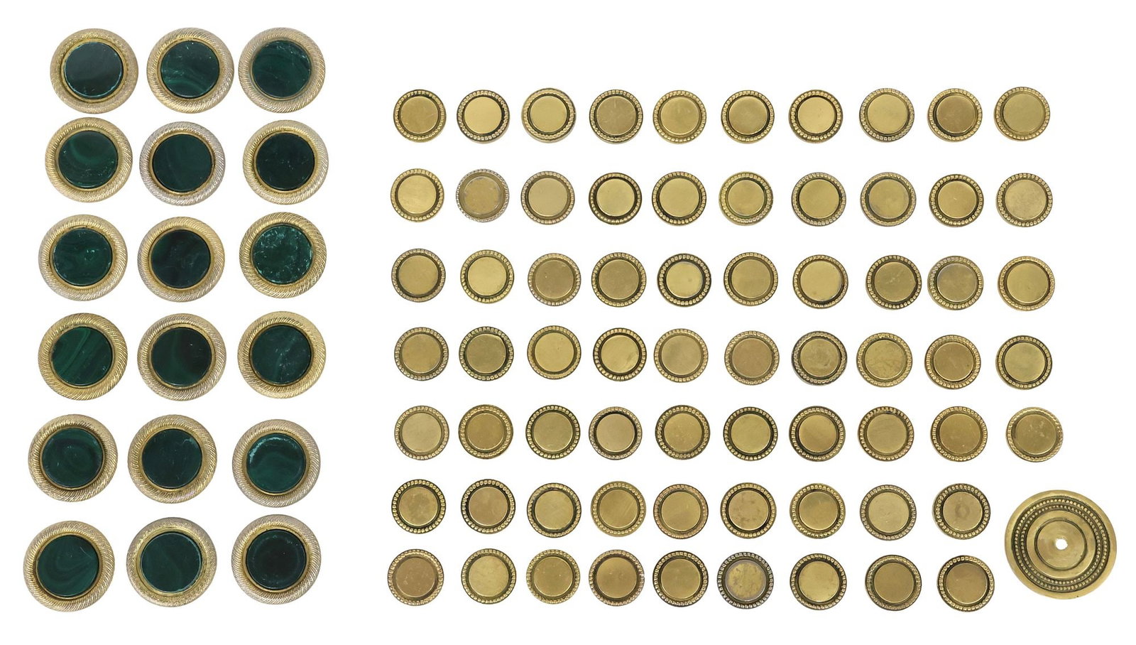 (LOT) SHERLE WAGNER MALACHITE & GILT METAL HARDWARE: CABINET KNOBS / PULLS: (lot) Designer two-tone metal knobs/ cabinet hardware, Sherle Wagner International, 20th/21st. c., including: (18) with circular inset malachite, knob only: approx 1.25"h, 1.5"diam; (68) in the