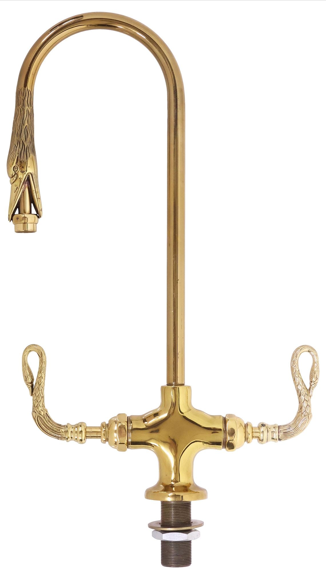 LARGE DESIGNER PE GUERIN 'SWAN' BRASS KITCHEN BAR SPOUT / FAUCET: (lot) Designer modern brass kitchen bar spout, PE Guerin, 20th c., a deck-mount lever faucet in the "Swan" collection, No. 16101, with fixed handles, handle fitting stamped T & S brass, no makers mark
