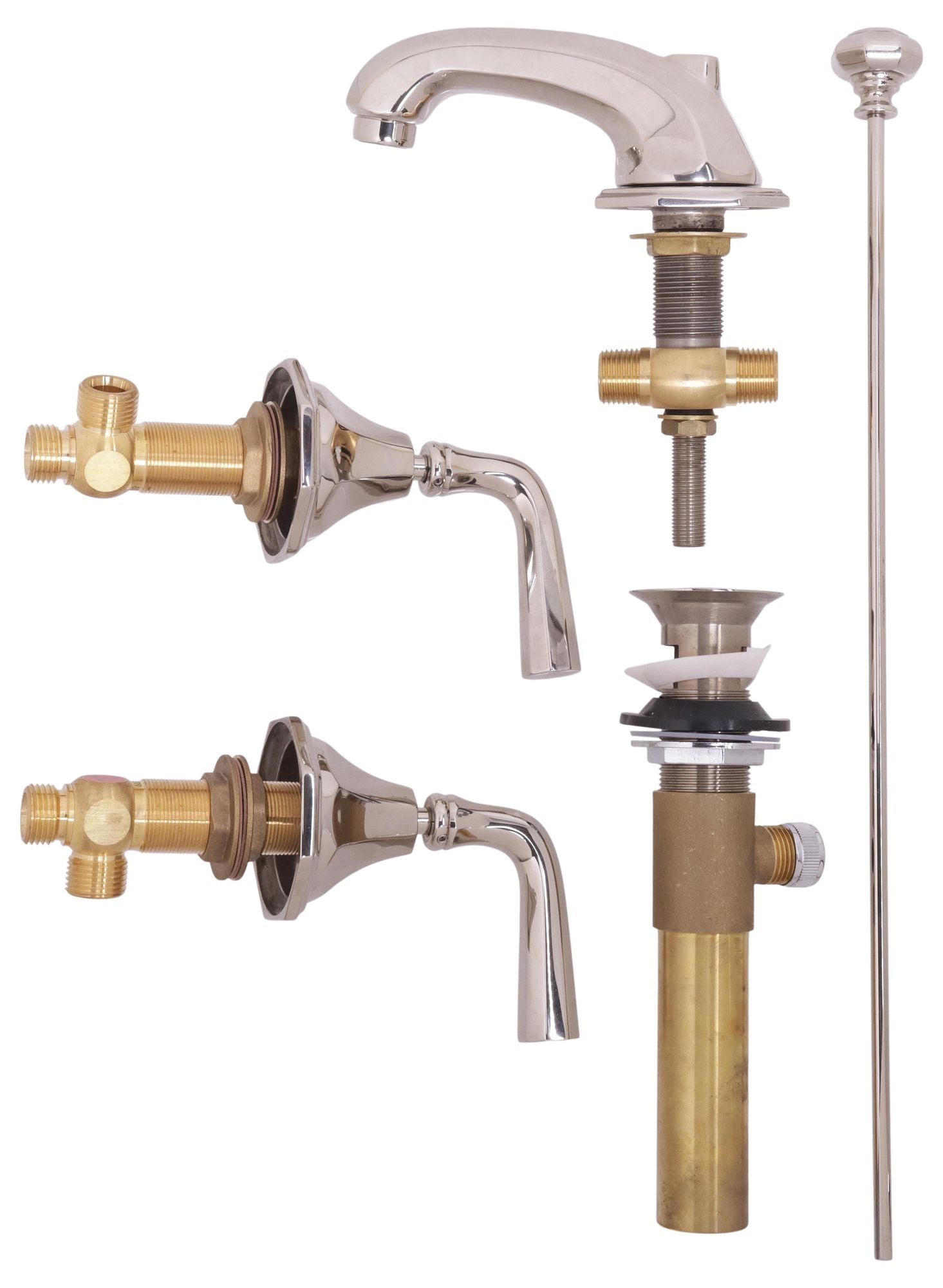 (LOT) DESIGNER P.E. GUERIN POLISHED NICKEL "ANNIVERSARY" BATHROOM LEVER FAUCET SET: (lot) Designer polished nickel deck-mount lever faucet set, P.E. Guerin, "Anniversary" model, unmarked, including: (1) faucet, approx 7"h, 6.75"w, 2.75"d, (pair) matching levers, approx 8"h, 5"w,
