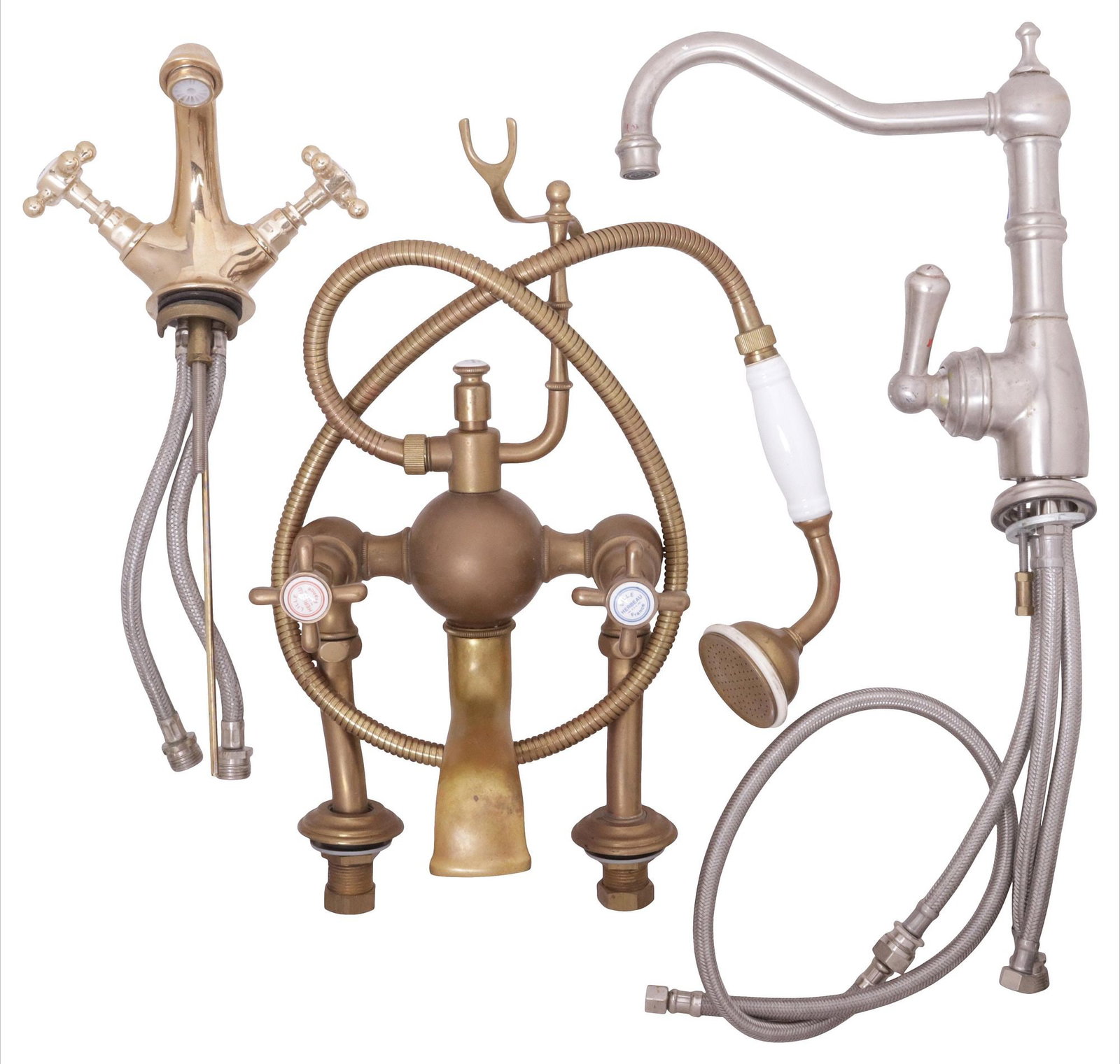 (3) DESIGNER FAUCET SETS: 1 HERBEAU FRANCE, 1 SAMUEL HEATH, & 1 PERRIN & ROWE: (lot of 3) Designer faucet sets, 20th c., including: (1) tub and shower mixer, Herbeau France, in the "Royale" pattern, no.3031, marked to knobs, fixture: approx 17.25"h, 8.25"w,