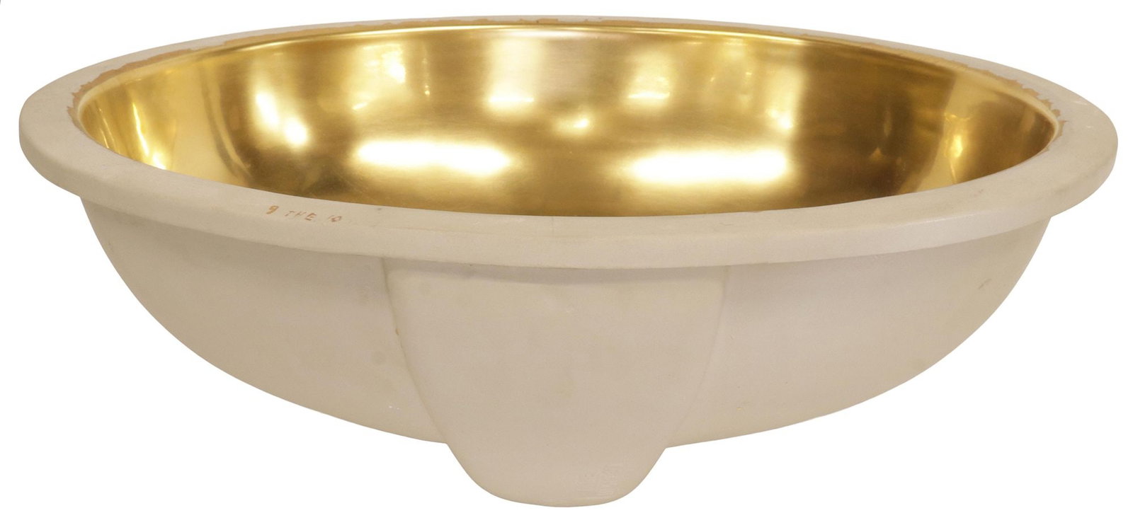 P.E. GUERIN CONTEMPORARY GOLD-PLATED CERAMIC UNDERMOUNT SINK: Contemporary ceramic undermount sink, P.E. Guerin, 20th/ 21st c., with gold-plated basin, appearing as unused, housed in cardboard shipping box with remnants of branded labels, sink: approx 8"h,