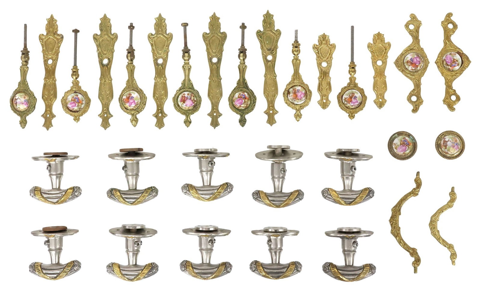 (23) P.E. GUERIN 'REED & RIBBON' & ANTIQUE PORCELAIN-INSET PULLS, FLUSH MOUNTS: (lot of 23) Designer and antique gilt and silver-toned metal pulls and flush mounts/ hardware, various makers, patterns and sizes, all unmarked, including: (10) P.E. Guerin "Louis XVI Reed and