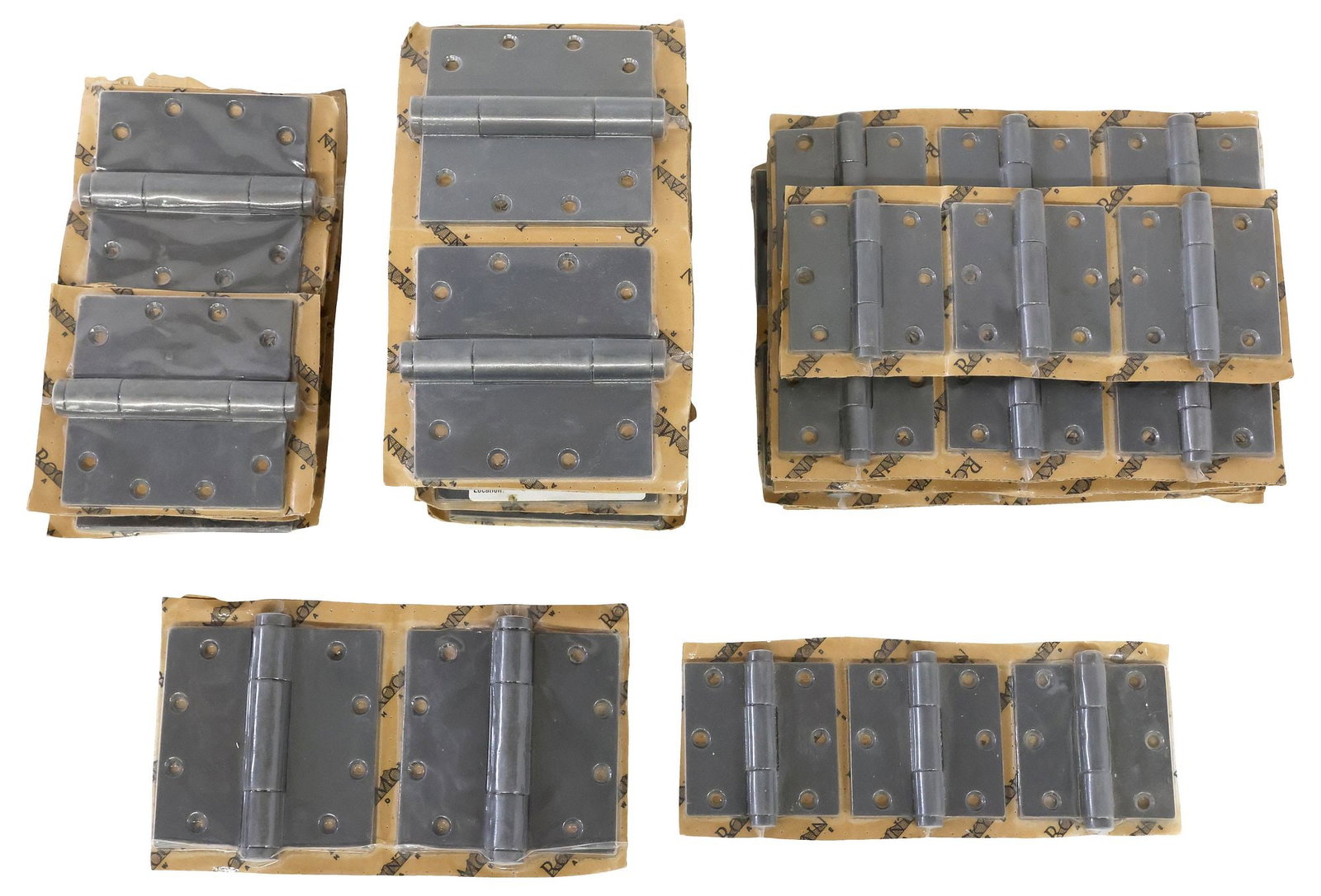 (57) LARGE COLLECTION OF ROCKY MOUNTAIN CONCEALED BEARING HINGES, UNUSED: (lot of 57) Large collection of architectural concealed bearing butt hinges, Rocky Mountain, 21st c., all sealed in original packaging on branded cardboard backing, in two sizes, including: (22)