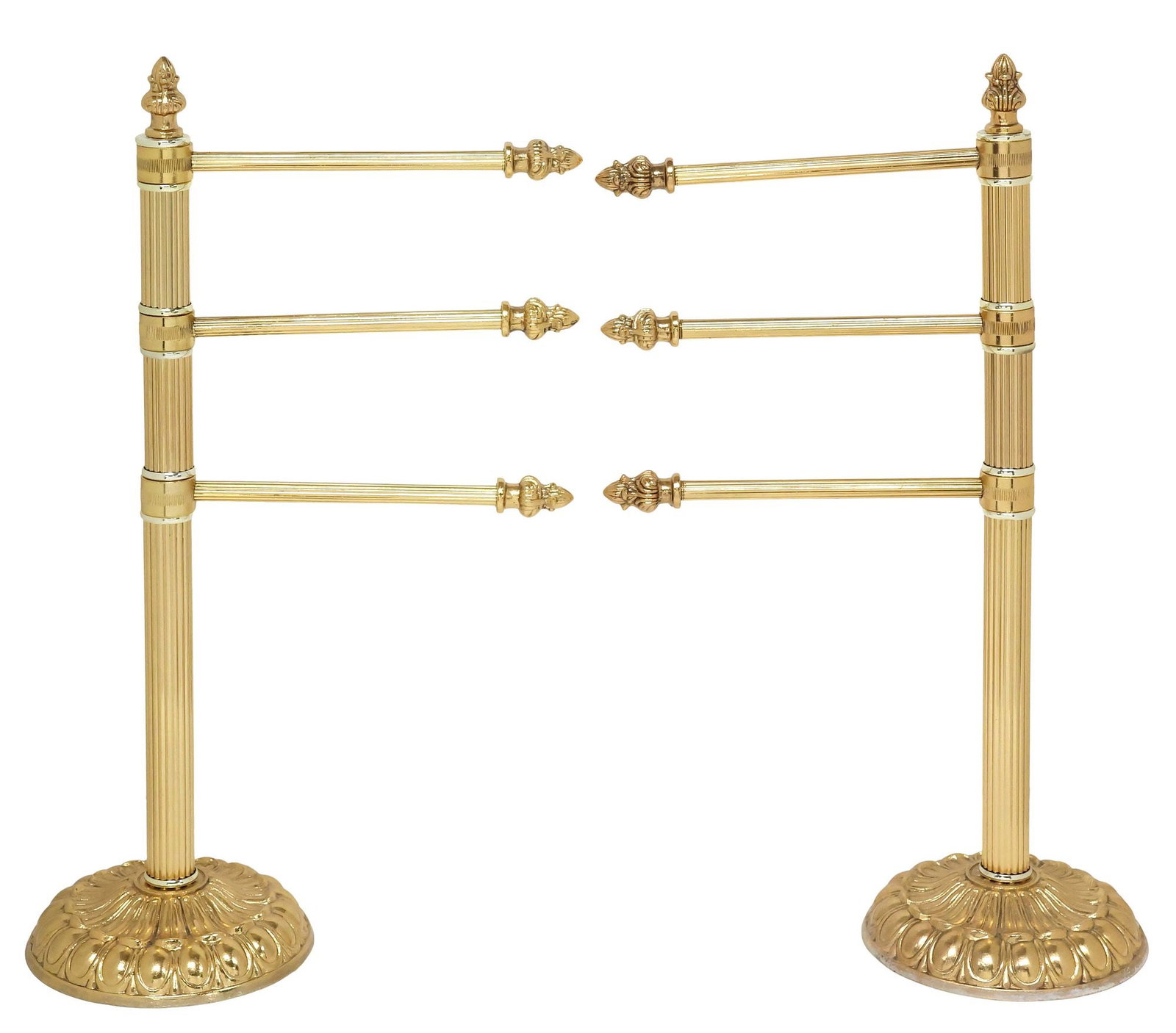 (2) HOLLYWOOD REGENCY STYLE GILT-METAL 3-TIER STANDING TOILET PAPER RACKS: (pair) Hollywood Regency style gilt-metal three-tier standing toilet paper holders, Loevsky and Loevsky White Metal Castings, 20th c., each having three swiveling arms, fluted standard with pointed fo