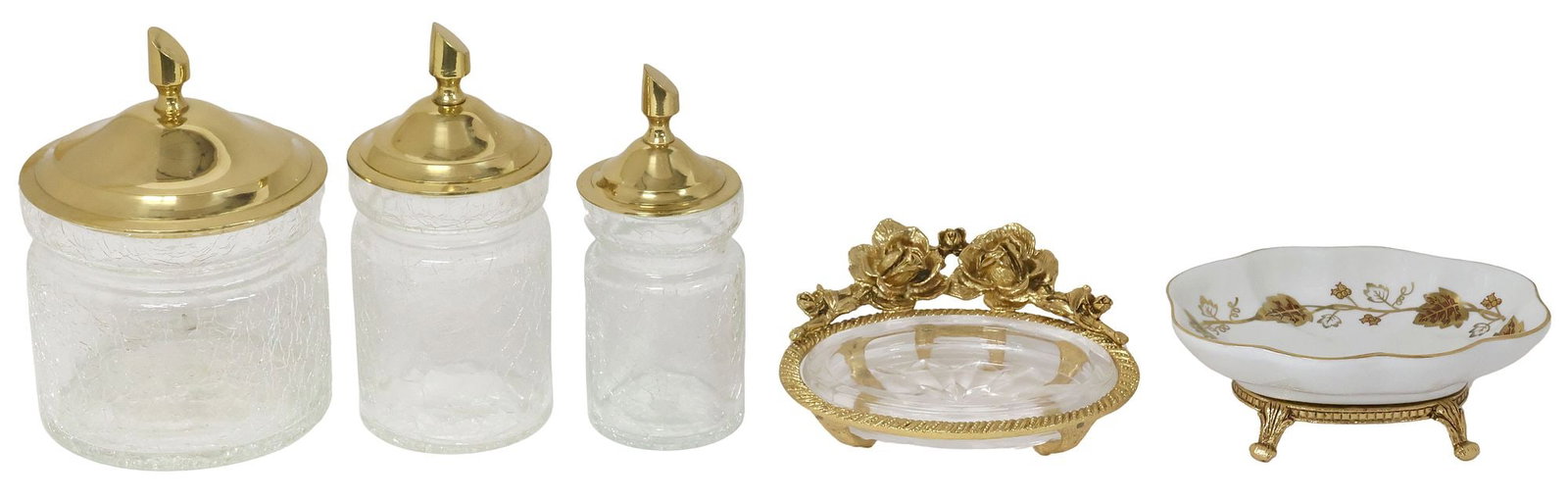 (4) CONTEMPORARY GILT-METAL & GLASS VANITY ARTICLES, JARS & SOAP DISHES: (lot of 5) Contemporary gilt-metal vanity accessories, including: (3) graduated jars, each having domed cover with slanted finial, above colorless crackle glass body, largest: approx 6.5"h, 4.25"diam;