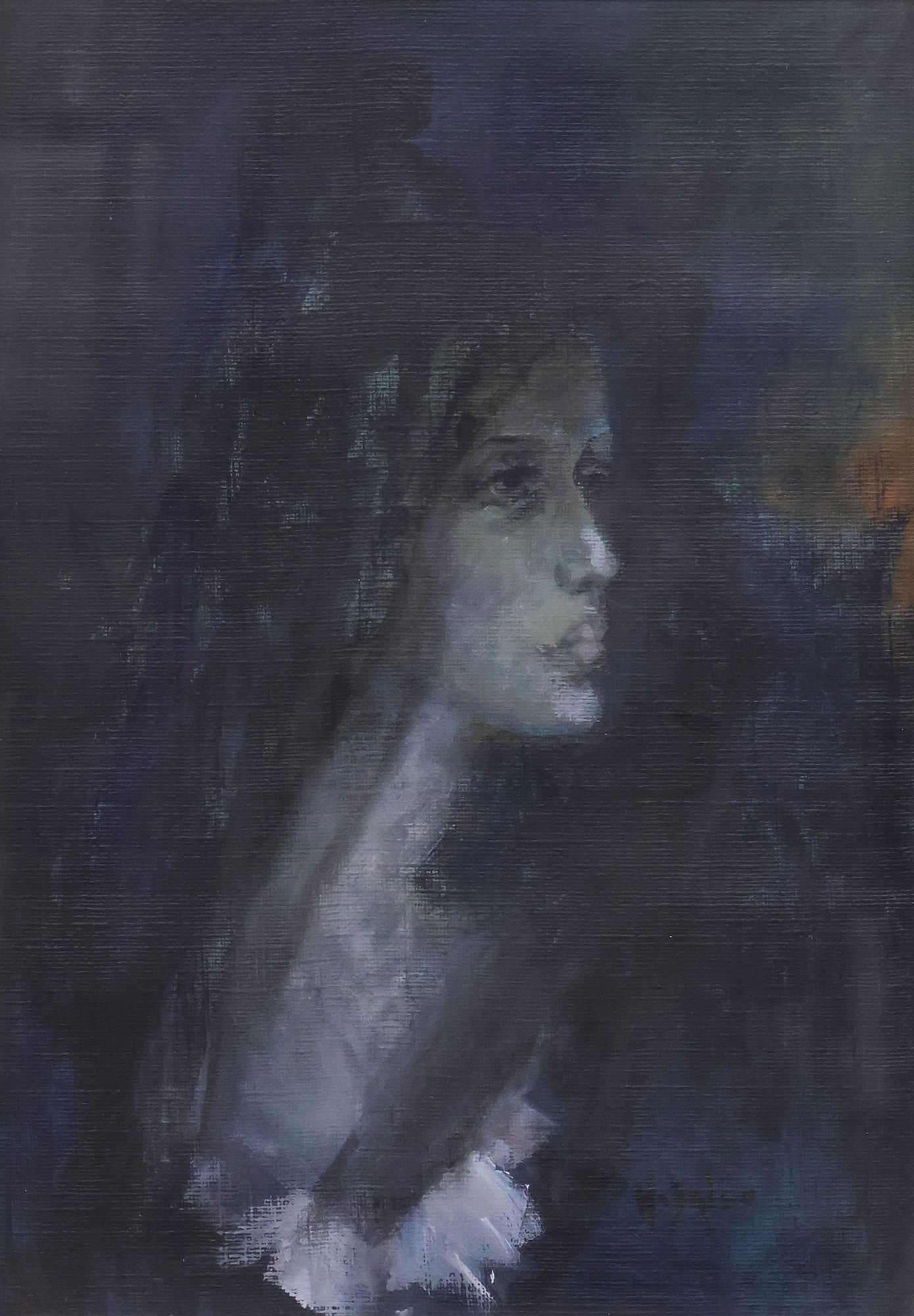 SIGNED H. DALCO (ITALIAN, 20TH C.) FRAMED OIL PAINTING, BLUE WOMAN: Framed oil on canvas painting, Blue Woman, signed lower right H. Dalco (Italian, 20th c.), behind glass, sight: approx 19"h, 13.25"w, overall: approx 25.25"h, 19 3/8"w, 5lbs