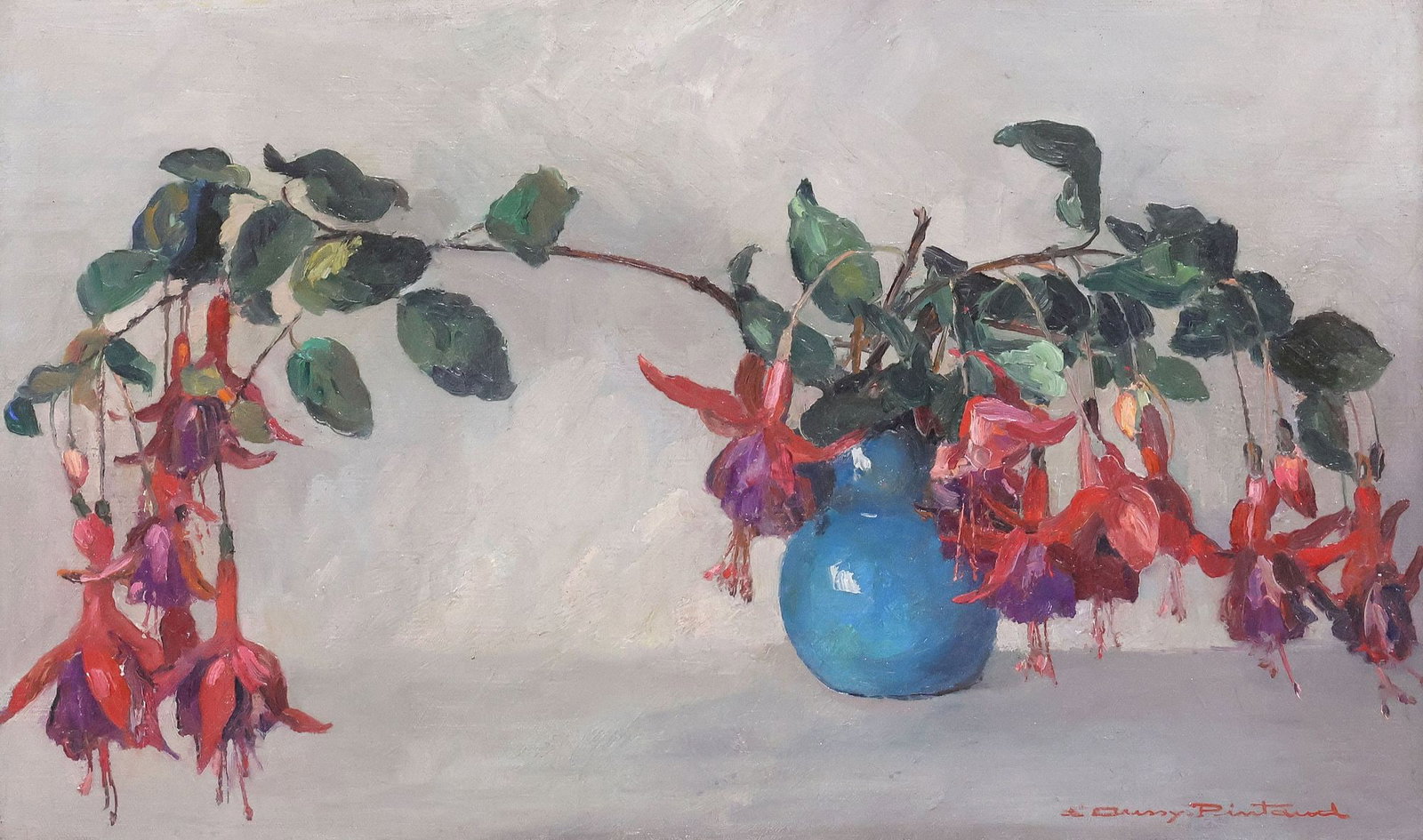 LOUISE D'AUSSY PINTAUD (FRENCH, 1900-1990) PAINTING, FLORAL STILL LIFE: Framed oil on canvas painting, Fuchsias in Blue Vase, signed lower right D'Aussy Pintaud (Louise D'Aussy Pintaud, French, 1900-1990), sight: approx 21.75"h, 21.25"w, overall: approx 18"h, 26.5"w, 7.25