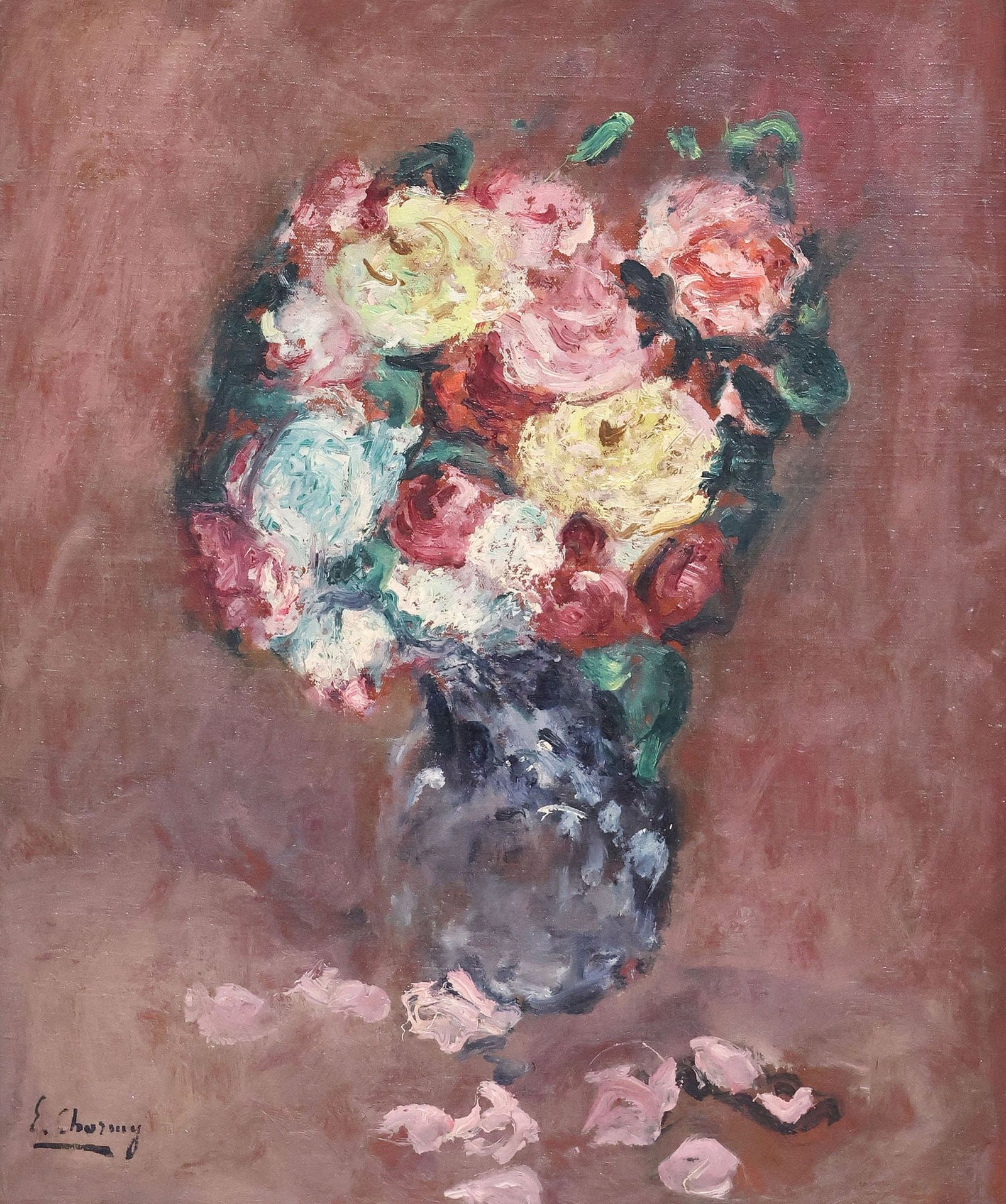 SIGNED E. CHUZUNG OIL PAINTING, STILL LIFE WITH VASE OF FLOWERS: Framed oil on canvas painting, Still Life with Bouquet of Flowers, signed lower left E. Chuzung (20th c.), retaining DuBose Gallery, Houston, Texas label verso, sight: approx 21.25"h, 17.5"w, overall: