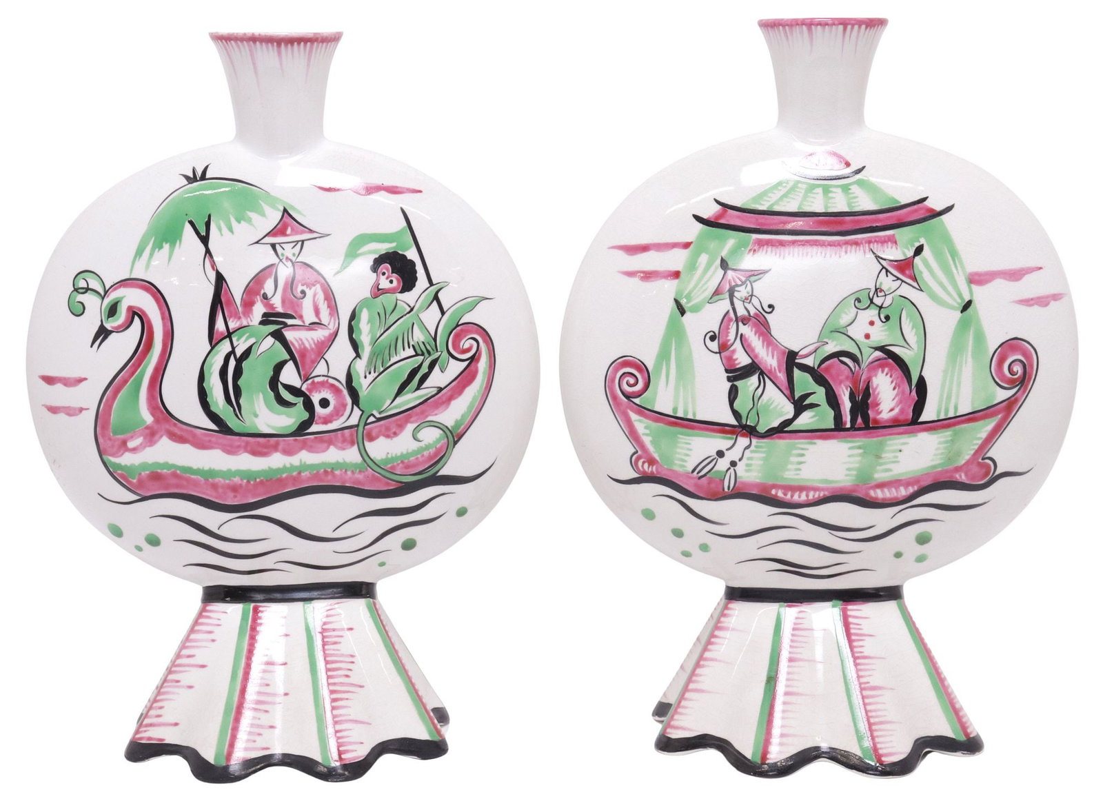 (2) FRENCH LUNEVILLE MID-CENTURY CHINOISERIE FAIENCE BUD VASES: (lot of 2) French majolica-glazed pottery bud vases, K&G Luneville, mid 20th c., a near pair, with varied chinoiserie scenes depicting figures in rowboats, the reverse with foliate motifs, rising on f