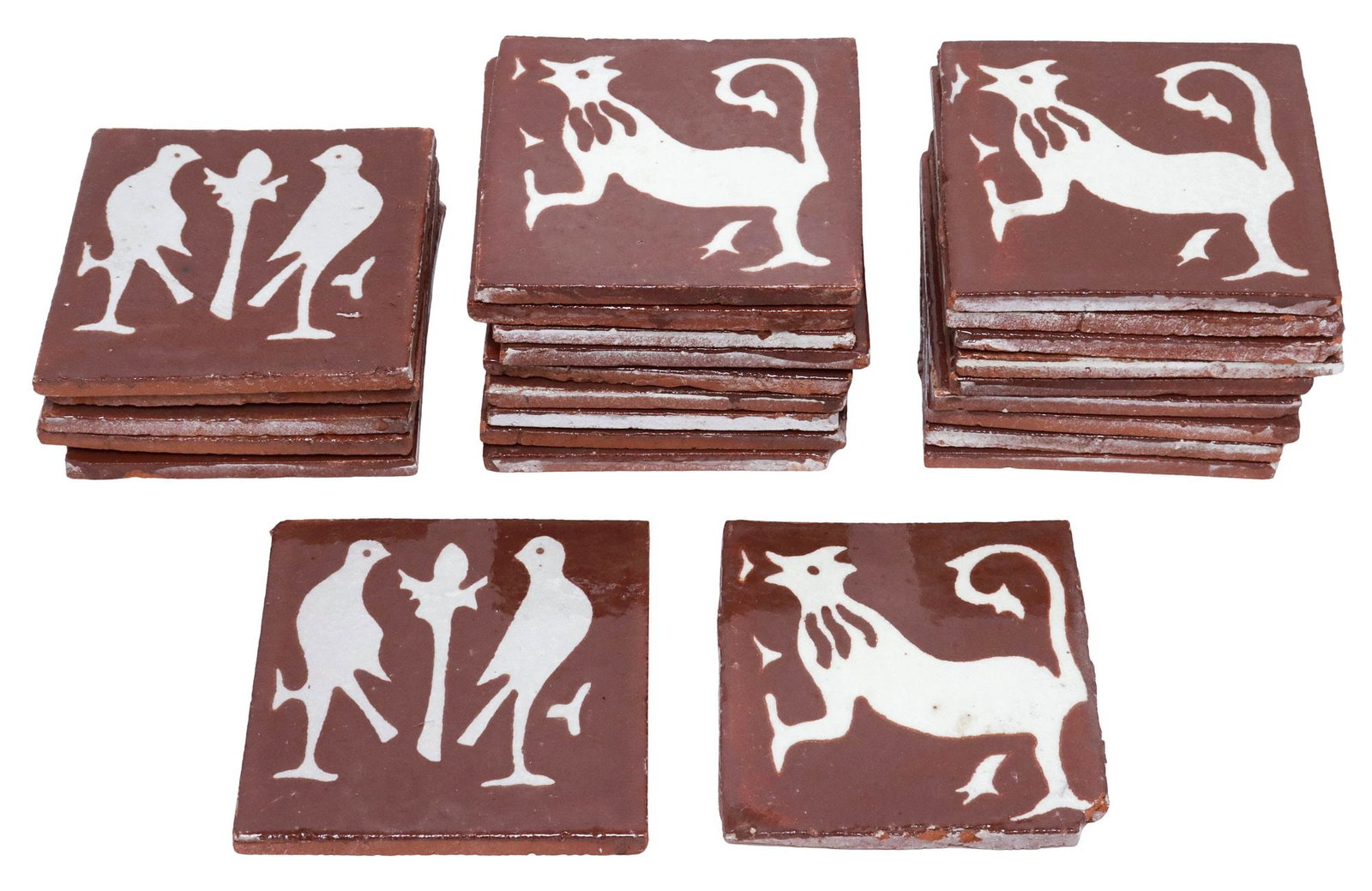 (25) GLAZED FIGURAL ANIMAL MOTIF TERRACOTTA TILES: (lot of 25) Glazed terracotta tiles, various figural animal motifs, one with small chip at lower corner, slightly varied sizes, each: approx 4.25"l, 4.25"w, 11.5lbs total **Provenance: Treasures from 