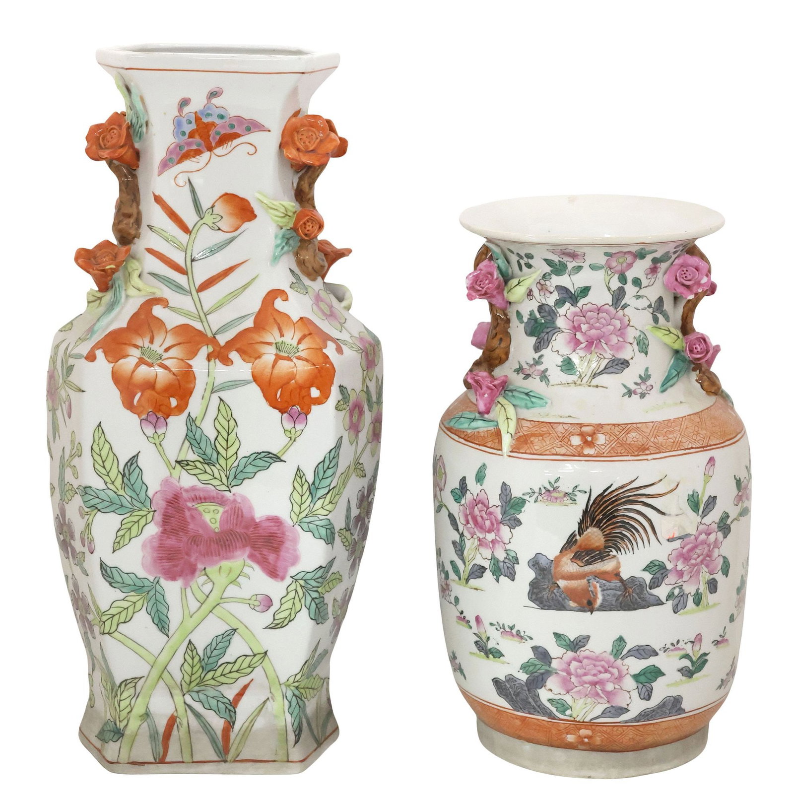 (2) CHINESE FAMILLE ROSE & IRON RED PORCELAIN FLORAL VASES: (lot of 2) Chinese famille rose enameled porcelain vases, each with applied floral branch-form handles, each with rong hua fu gui (glory, splendor, wealth, rank) mark underfoot, including: (1) of hexa