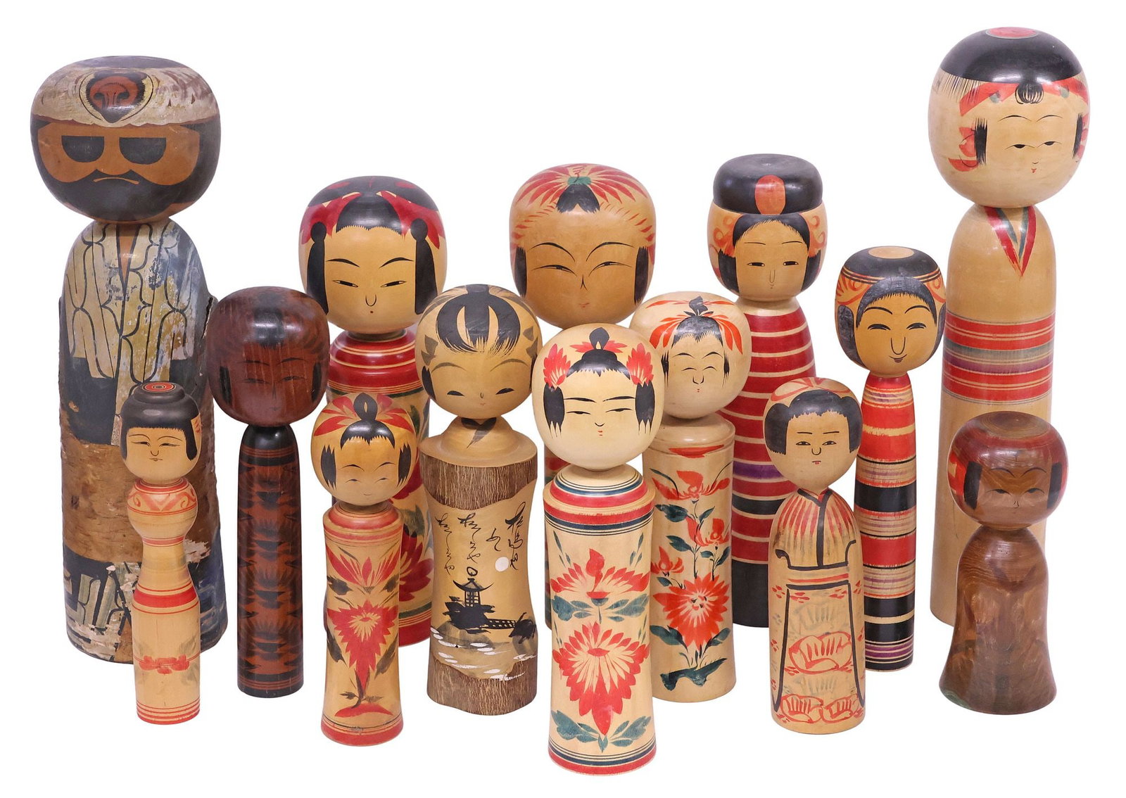 (14) JAPANESE FOLK ART POLYCHROME-PAINTED WOOD KOKESHI DOLLS: (lot of 14) Collection of Japanese folk art Kokeshi dolls, each having turned wood body with polychrome-painted decoration, various multi-character marks underfoot, largest: approx 17.25"h, 4.5"diam, 