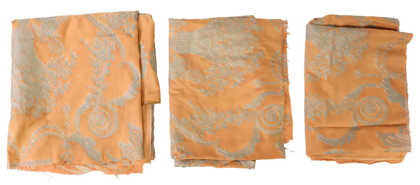 (3) DESIGNER FORTUNY 'LAMBALLE' COTTON UPHOLSTERY FABRIC: (lot of 3) Italian designer cotton upholstery fabric, Fortuny, 21st c., each in the "Lamballe" pattern, maker's mark at selvage, (one) hemmed, largest: approx 51 1/8"l, 56