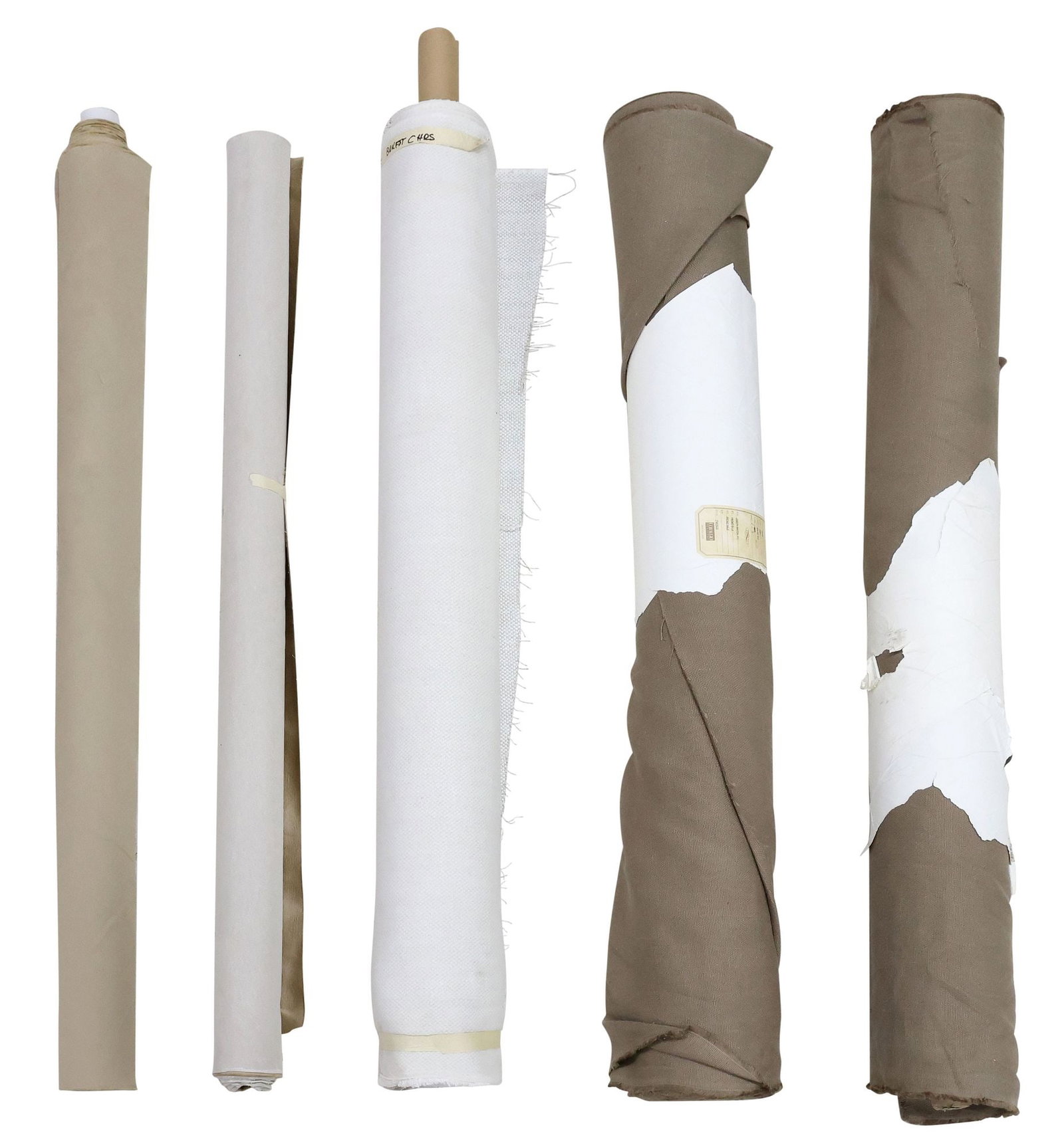 (5) NEUTRAL UPHOLSTERY FABRIC BOLTS, CORRAGIO, KRAVET & OTHER: (lot of 5) Bolts of neutral upholstery fabric, including: (2) Italian woven linen, Coraggio, in the "Capri" pattern, in the "Bruno" colorway, retaining maker's labels, (2) crep
