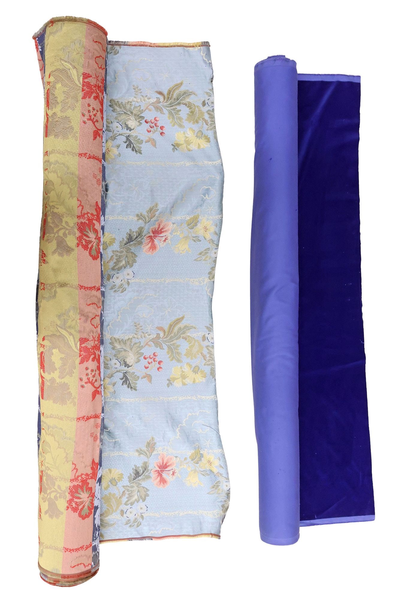 (2) UPHOLSTERY FABRIC BOLTS, FINE SILK JACQUARD & ITALIAN BLUE VELVET: (lot of 2) Bolts of upholstery fabric, including: (1) fine striped silk jacquard, with woven foliate scrollwork on polychrome ground, (1) Italian solid blue velvet, Erre Erre, retaining shipping label