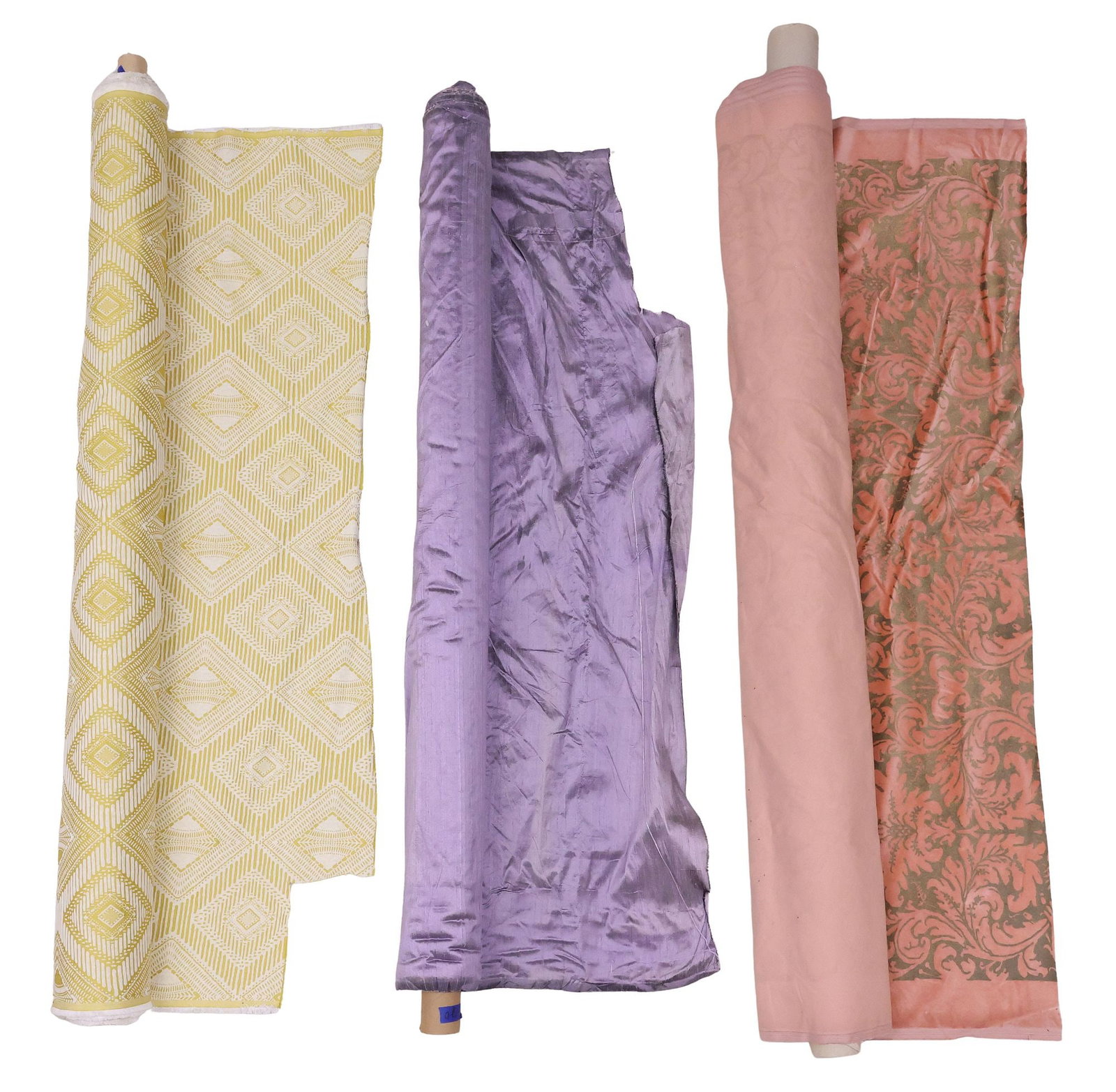 (3) UPHOLSTERY FABRIC BOLTS, SCALAMANDRE (ATTRIB.), PINK VELVET & PURPLE SILK: (lot of 3) Bolts of upholstery fabric, in vibrant colors, including: (1) attributed by consignor to Scalamandre, in a woven yellow and white geometric print, (1) pink velvet, (1) light purple silk, no