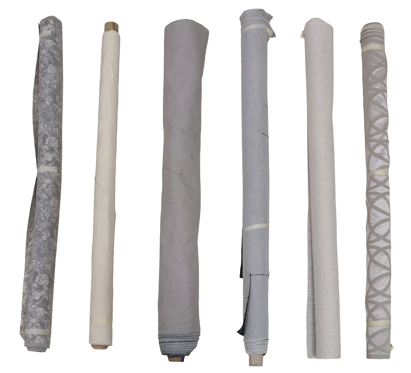 (6) COLLECTION OF BLUE & GREY UPHOLSTERY FABRIC BOLTS, 1 PANAZ 'MAGMA': (lot of 6) Bolts of upholstery fabric, all in a tonal grey, white, or blue palette, many retailed by George Cameron Nash, Dallas, Texas, including: (1) designer blue velvet bolt, attributed to Panaz, 