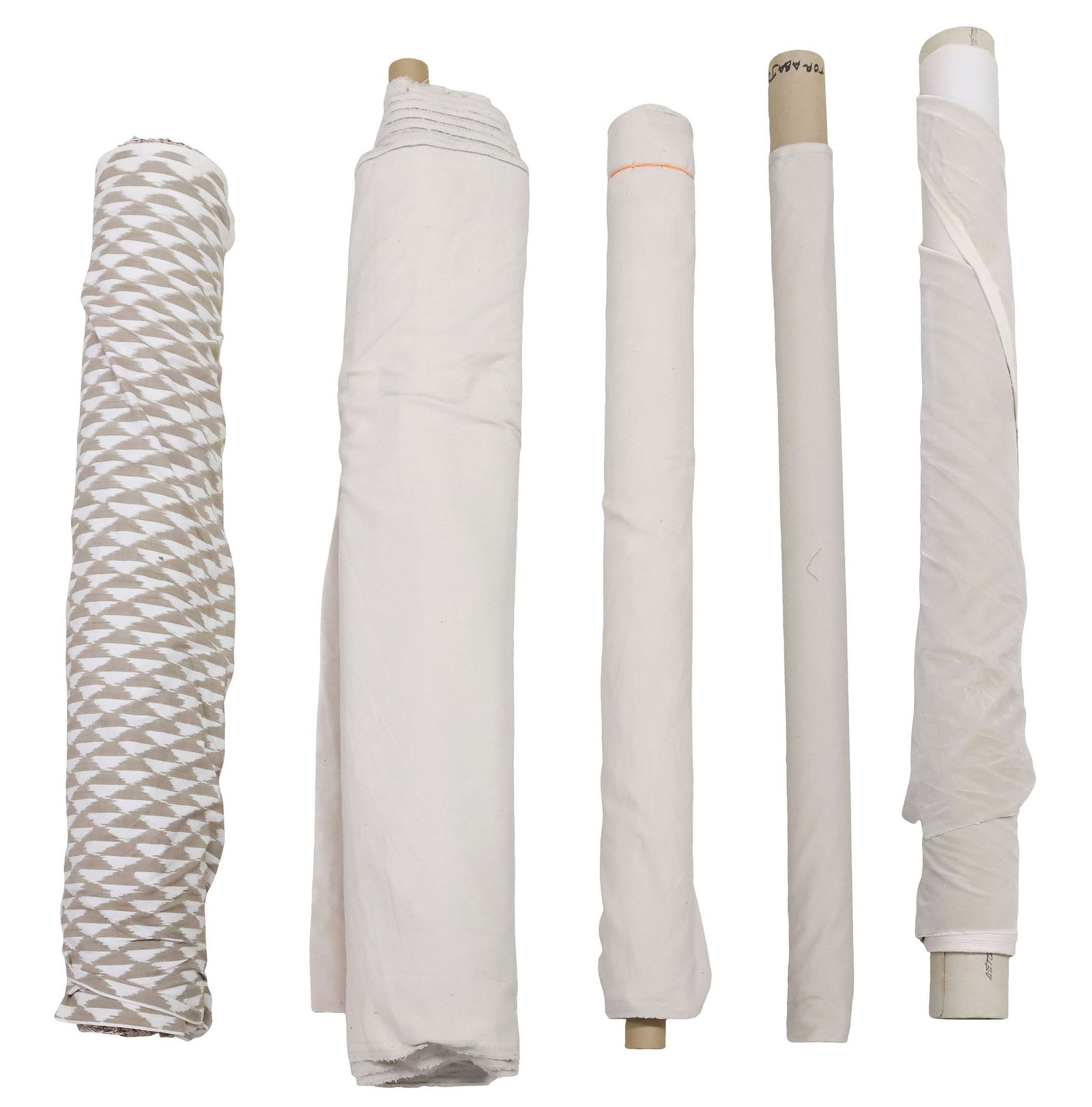 (5) COLLECTION OF UPHOLSTERY BOLTS, NEUTRAL VELVETS & PATTERNED COTTON: (lot of 5) Bolts of upholstery fabric, including: (4) velvet in neutral tans, (1) printed cotton, rolled over unexamined woven mohair, retailed by George Cameron Nash, Dallas, not examined fully unrol
