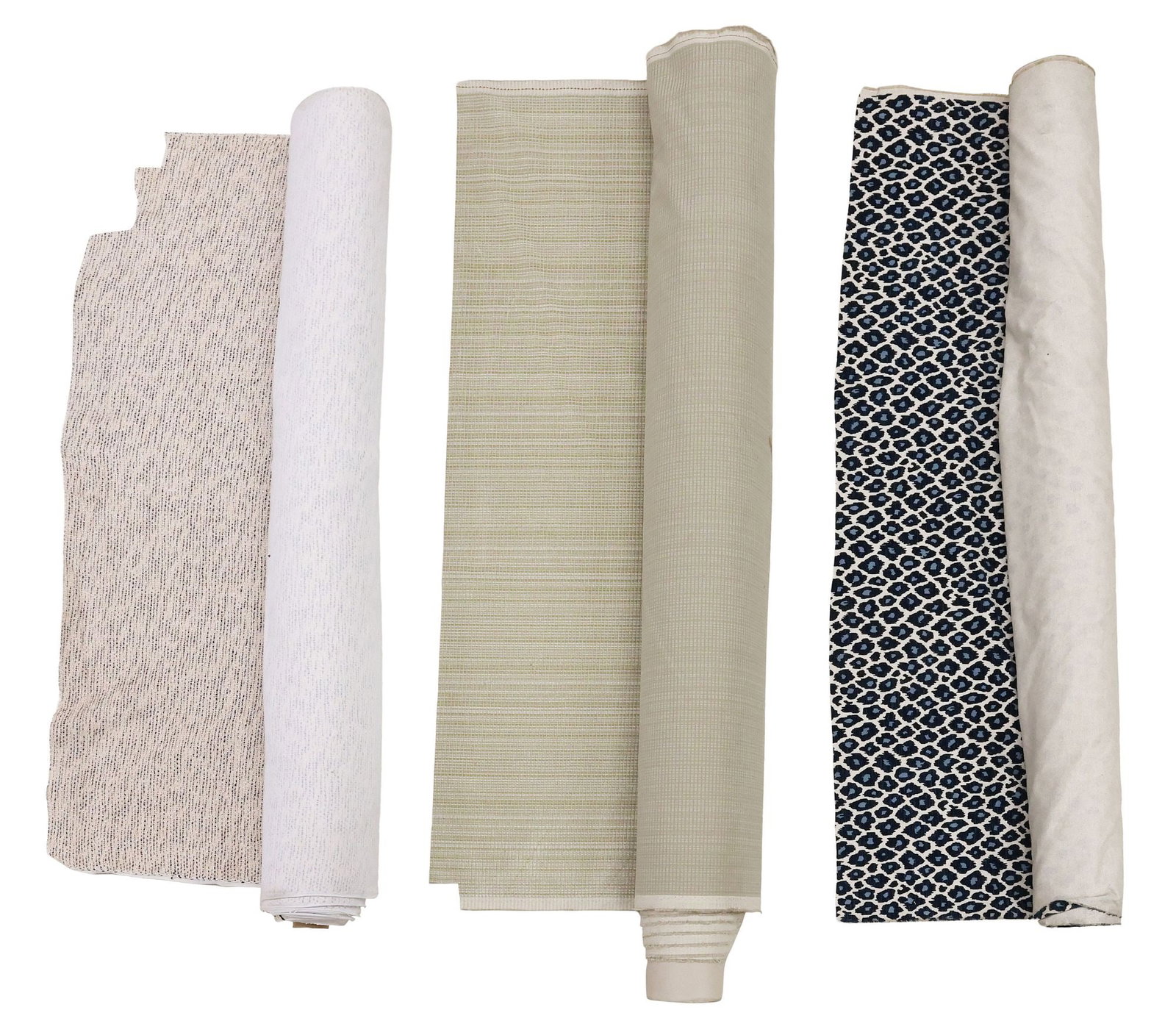 (3) UPHOLSTERY FABRIC BOLTS, LEOPARD PRINT CUT VELVET, TWEED & BOUCLE: (lot of 3) Bolts of upholstery fabric, including: (1) leopard-print cut velvet, blue pattern on white ground, (1) striped beige and off-white tweed, (1) woven boucle, not examined fully unrolled, tota