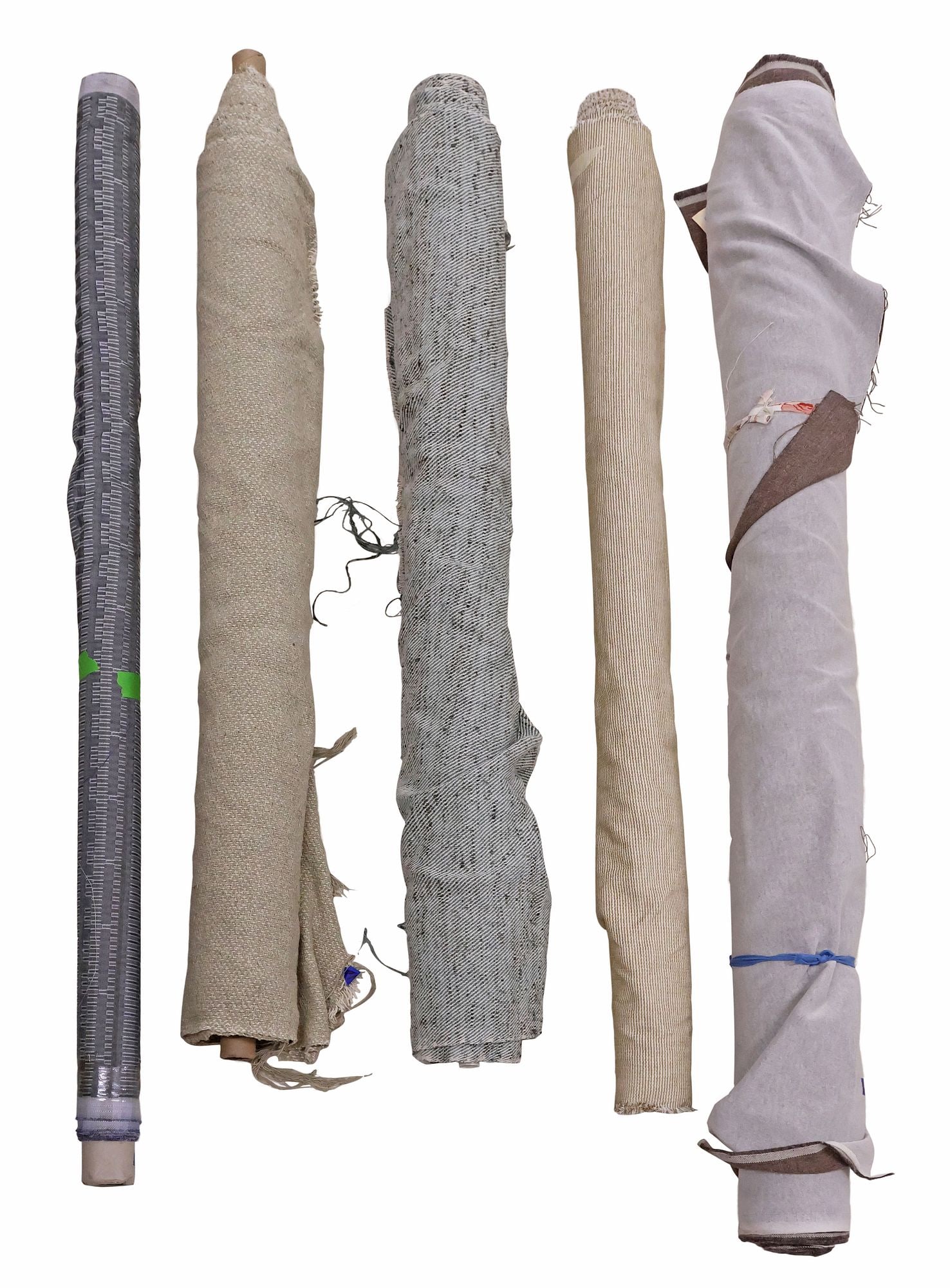 (5) COLLECTION OF UPHOLSTERY FABRIC BOLTS, MISSONI HOME (ATTRIB.) & OTHER: (lot of 5) Neutral and cool-toned bolts of upholstery fabric, including: (1) geometric velvet with metallic stitching, attributed by consignor to Missoni, (4) woven fabrics, retailed by Cameron Nash, 
