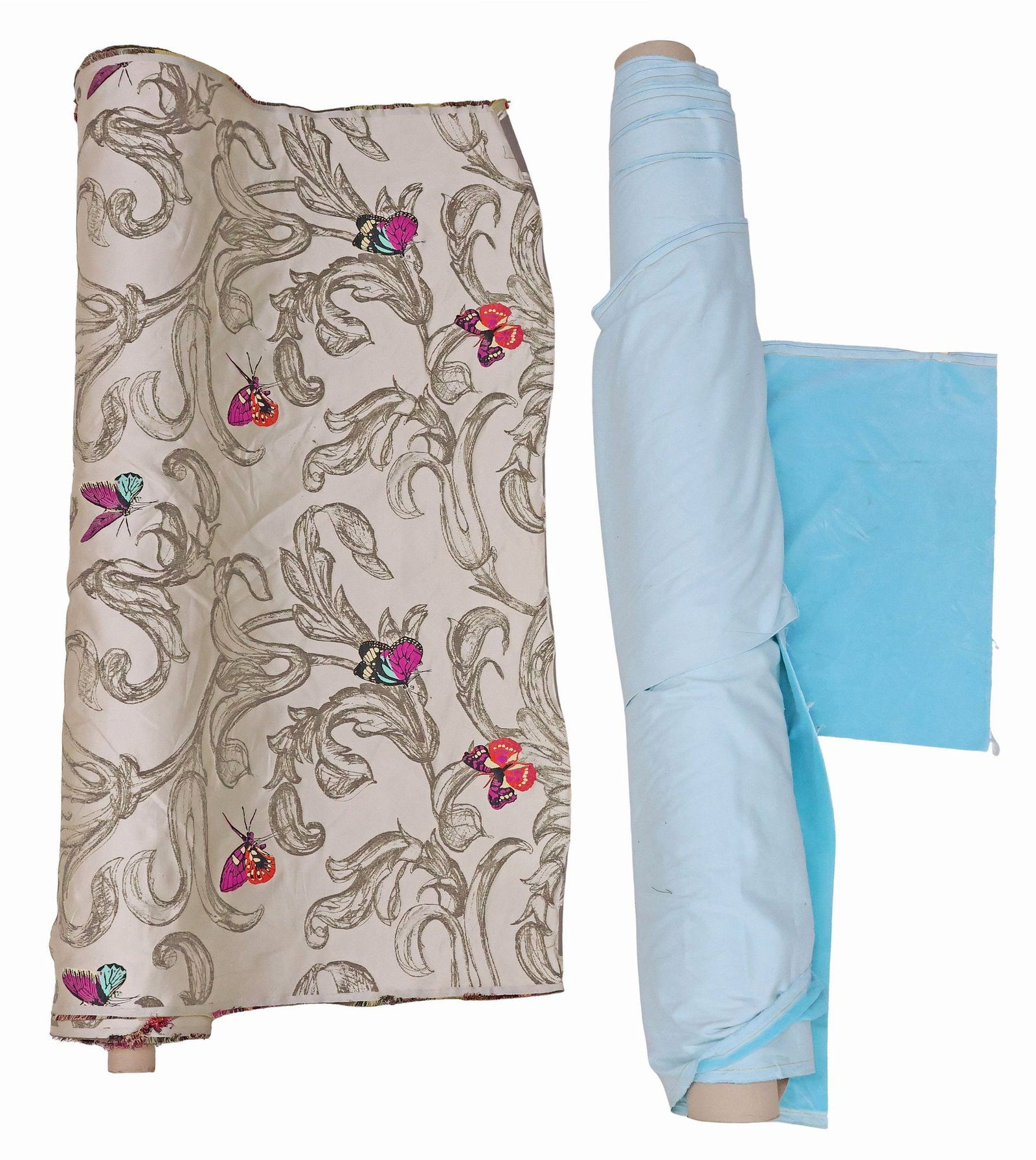 (2) UPHOLSTERY FABRIC BOLTS, RUBELLI (ATTRIB.) BUTTERFLY SILK LAMPAS & BLUE VELVET: (lot of 2) Bolts of upholstery fabric, including: (1) silk lampas, attributed by consignor to Rubelli, with polychrome butterfly motifs, among tonal flowers and foliates, (1) light blue velvet, not ex