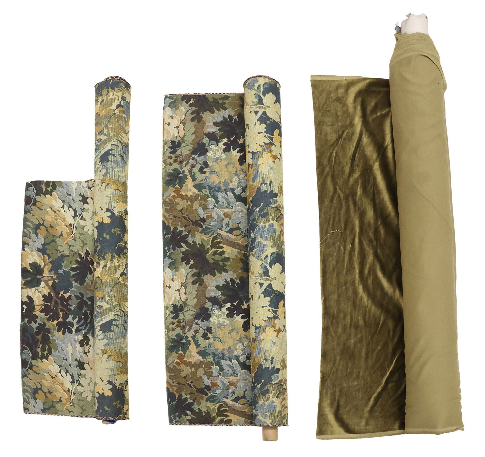 (3) COLLECTION OF UPHOLSTERY FABRIC BOLTS, 2 DESIGNER PIERRE FREY (ATTRIB.): (lot of 3) Bolts of cool-toned upholstery fabric, including: (2) jacquard, attributed to Pierre Frey, in the "Tibere" pattern, (1) green silk velvet, not examined fully unrolled, total lengths unknown