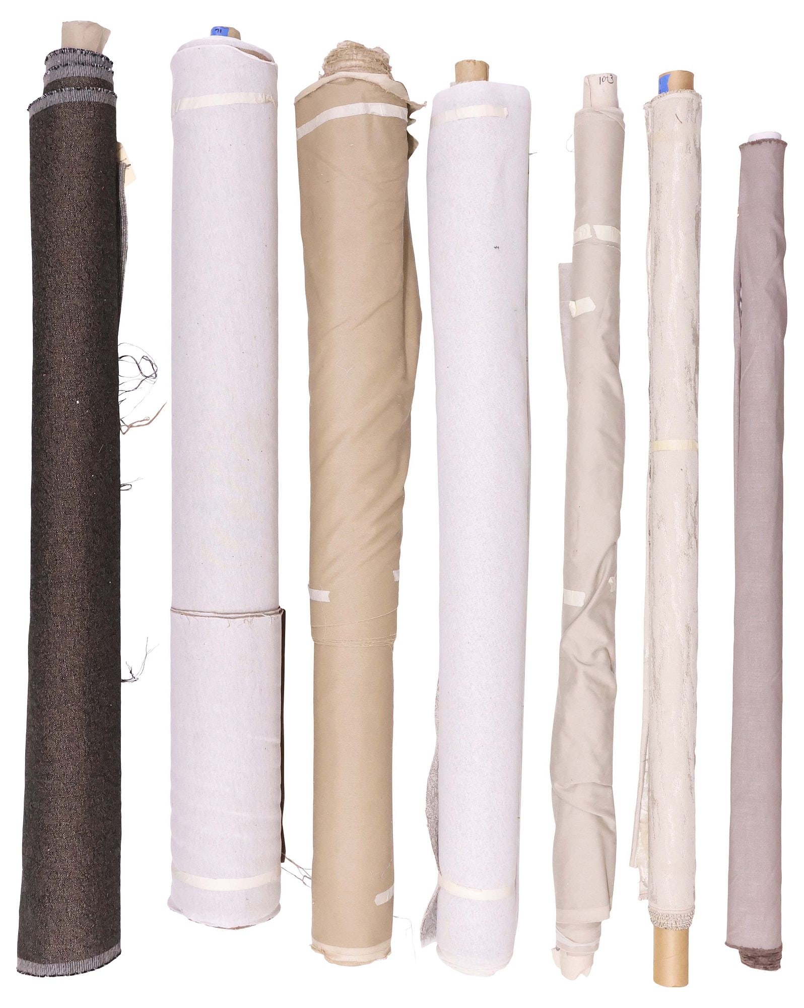 (7) COLLECTION OF NEUTRAL UPHOLSTERY FABRIC BOLTS, VARIOUS STYLES: (lot of 7) Bolts of upholstery fabric, various styles and makers, all in neutral beige, taupe, and earth tones, retailed by George Cameron Nash, highlights include: (1) cream velvet jacquard, (1) wool