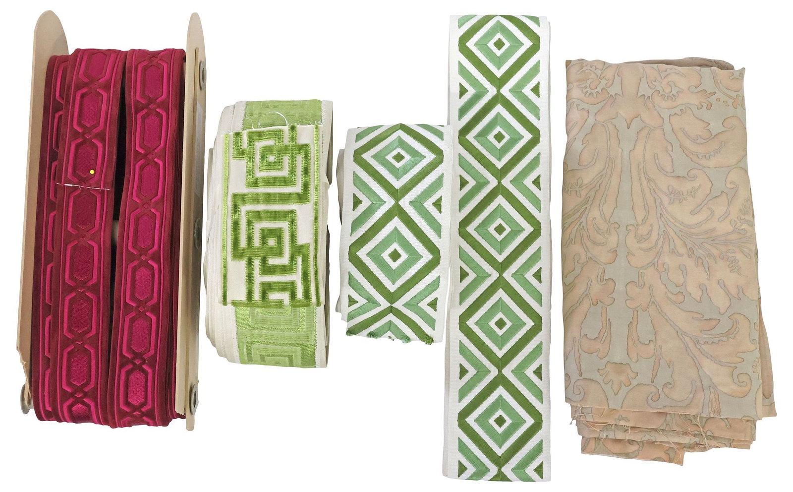 (5) CONTEMPORARY UPHOLSTERY TRIM & TEXTILE FRAGMENTS, 1 FORTUNY 'LUCREZIA' PANEL (1 of 8)