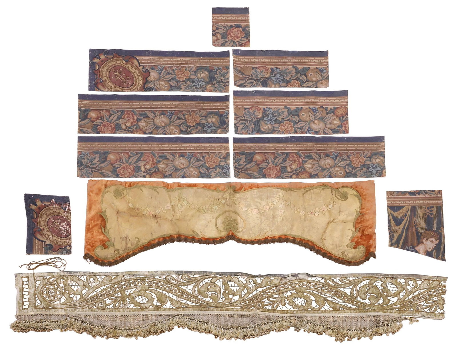 (11) ANTIQUE CONTINENTAL TEXTILES, WALLPAPER & VALANCE FRAGMENTS: (lot of 11) Antique Continental textile fragments, 19th c., including: (9) painted wallpaper pieces, mounted on canvas, salvaged border fragments taken from a larger work, with various fruit, foliates