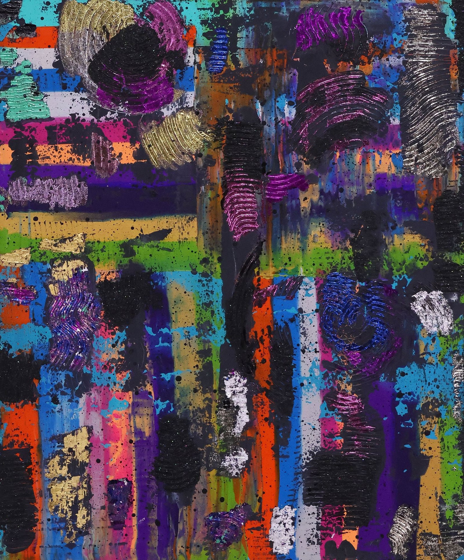 VANESSA BIGGS (20TH C.) MIXED MEDIA ON CANVAS, ABSTRACT COMPOSITION: Framed mixed media on canvas, Abstract Metallic Composition, signed at side of canvas Vanessa Biggs (20th c.), dated 2025, additional pencil signature on back stretcher, sight: approx 23.5"h, 19.5"w, 