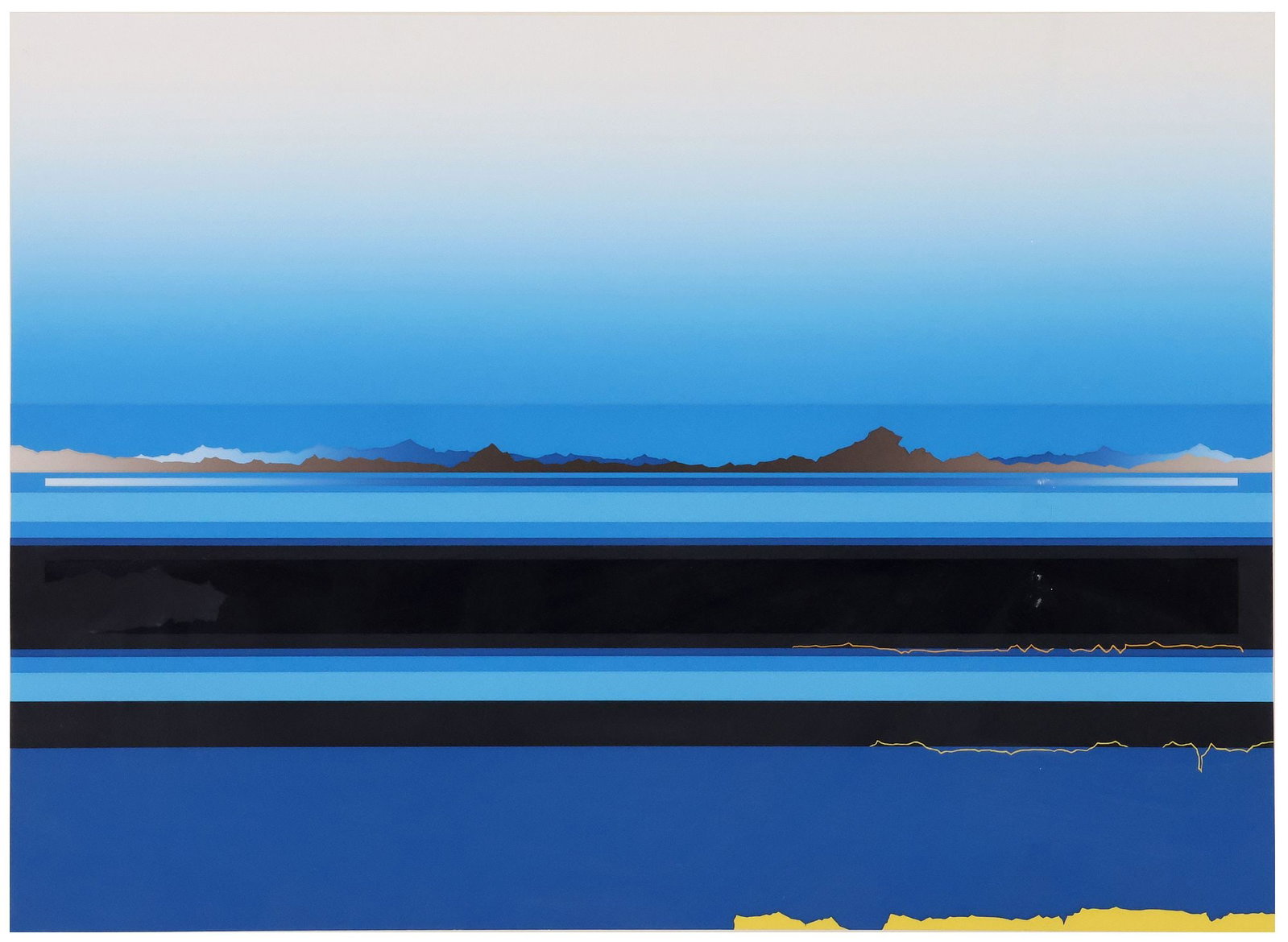 TETSURO SAWADA (JAPANESE, 1933-1998) SILKSCREEN PRINT, BLUE LANDSCAPE: Framed silkscreen print in colors on paper, Abstract Blue Landscape, pencil signed lower right T. Sawada (Tetsuro Sawada, Japanese, 1933-1998), dated [19]81, numbered 47/ 80, retaining Gallery Shinkur
